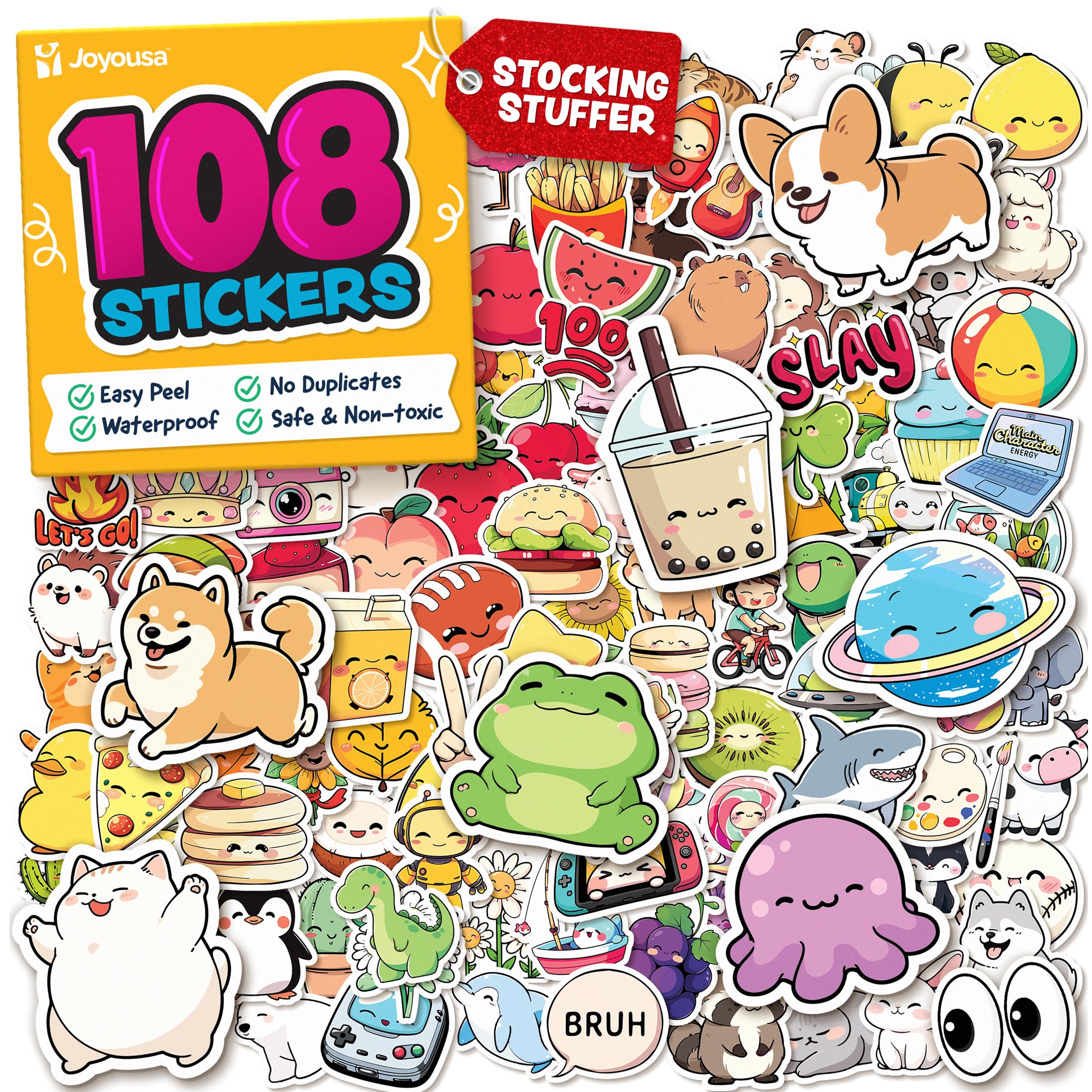 Cute Stickers for Kids - Christmas Stocking Stuffers Kids - Kawaii Water Bottle Stickers for Teens - 108pc Bulk Sticker Pack - Waterproof Vinyl Stickers for Water Bottles, Scrapbook, Laptops, Journal 108pc - Playful & Fun
