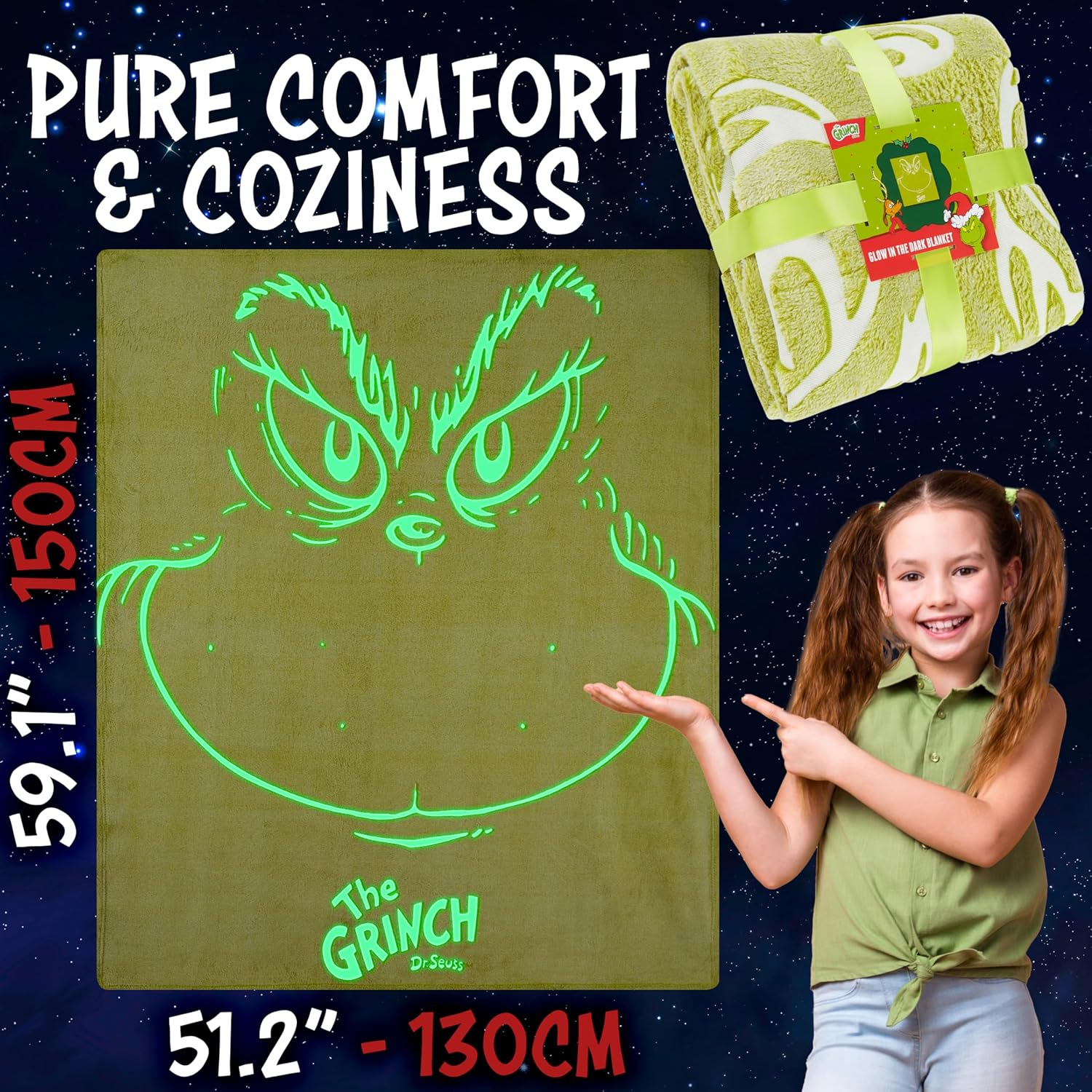 The Grinch Glow in The Dark Throw Blanket 51x59” for Kids Teens Adults, Soft Fleece Blanket for Sofa Bed, Cozy Warm Gifts for Kids (Green Grinch) - Image 6