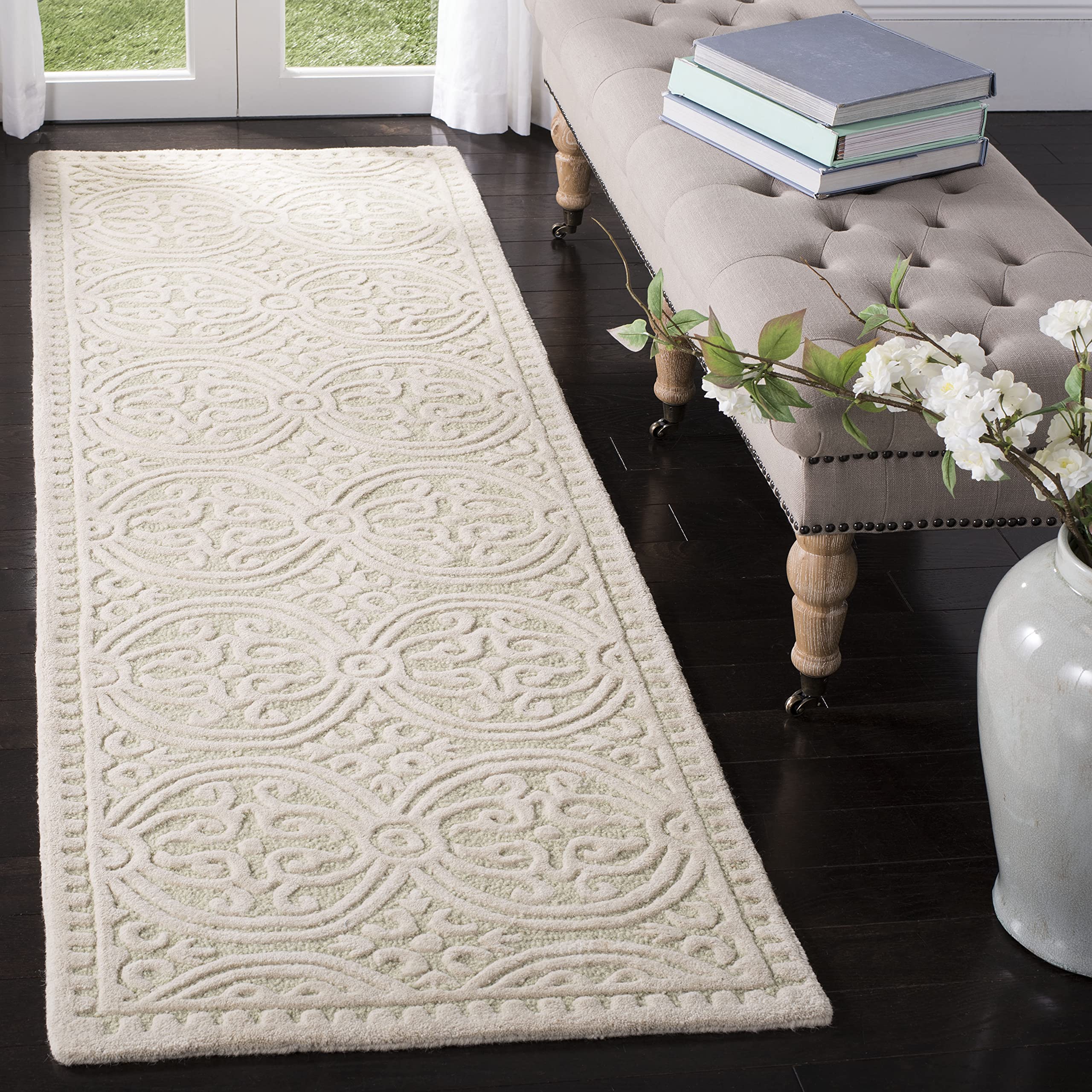 safavieh cambridge collection runner rug - 2'6" x 8', light green & ivory, handmade moroccan wool, ideal for high traffic areas in living room, bedroom (cam123b)