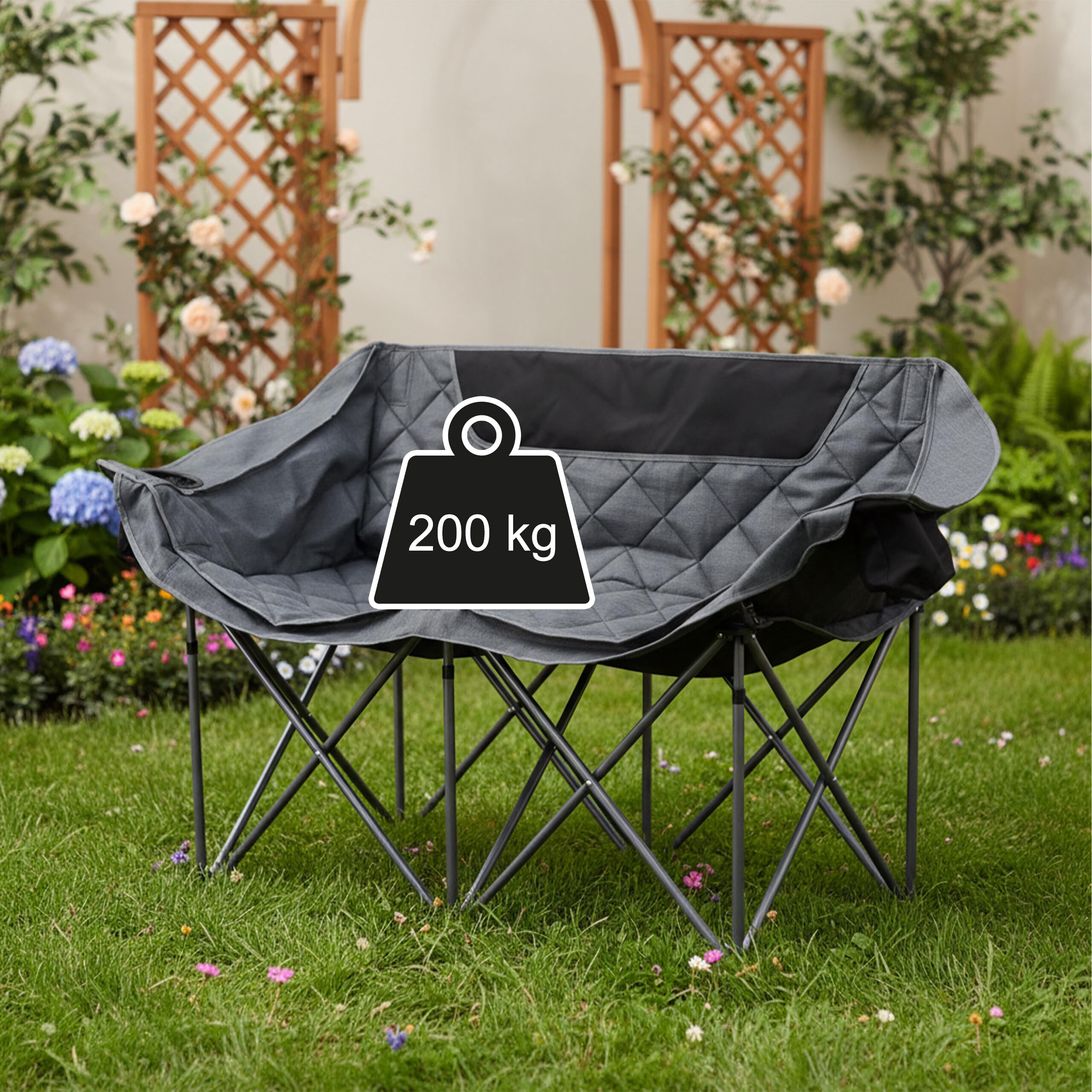 Relaxdays Banc de Camping, 2 Places, Pliable, accoudoirs, 2 Porte-gobelets, Sac Transport, 84x146x54 cm, Gris