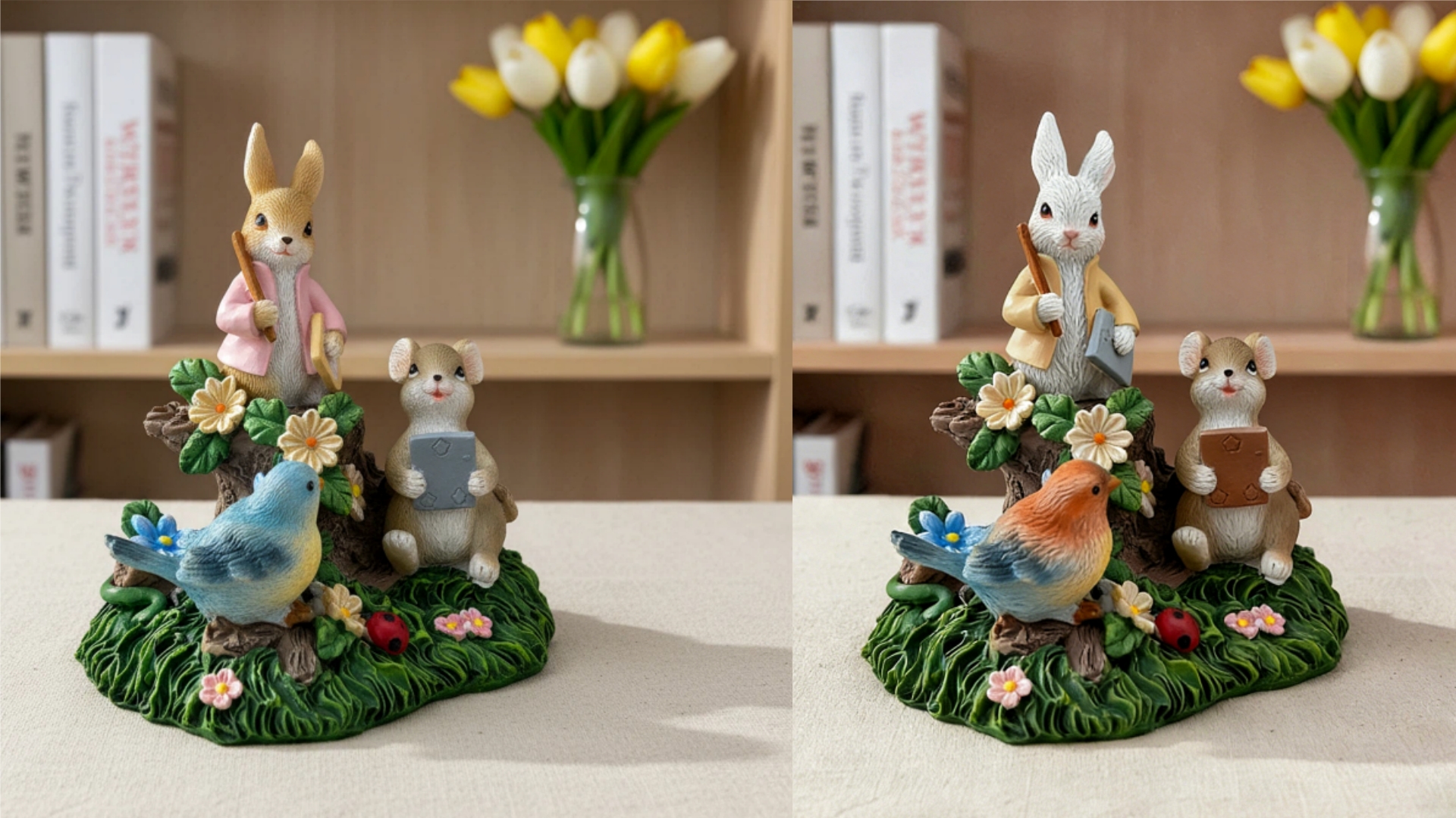 Estatua decorativa de resina conejo ratón y pájaro jardín miniatura 7