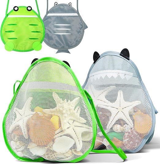 Novelty Place Sea Shell Bag for Kids, Shell Collecting Picking Up Holding Mesh Shells Bags with Strap for Children, Beach Sand Toy Seashell Bag Green & Grey (Pack of 2)