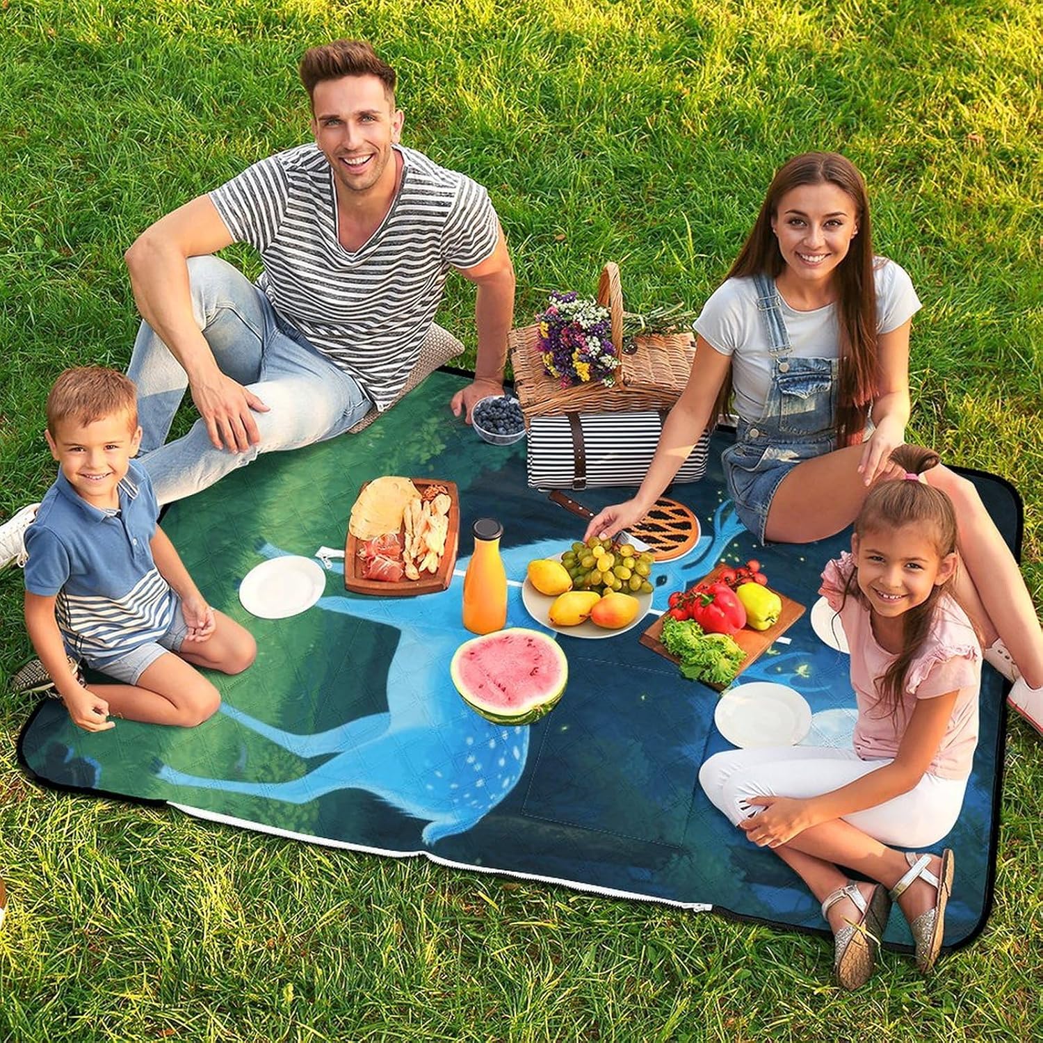 Blue Deer Picnic Blanket 150x100cm, Foldable 2-in-1 Picnic Mat and Tote Bag Portable Waterproof Beach Mat Sandproof Outdoor Blanket for Park, Hiking, Beach, Camping, Travel