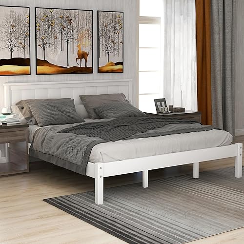 P PURLOVE Base de cama de plataforma tamaño Queen con cabecero, plataforma de madera con soporte de listones, no necesita somier, color blanco