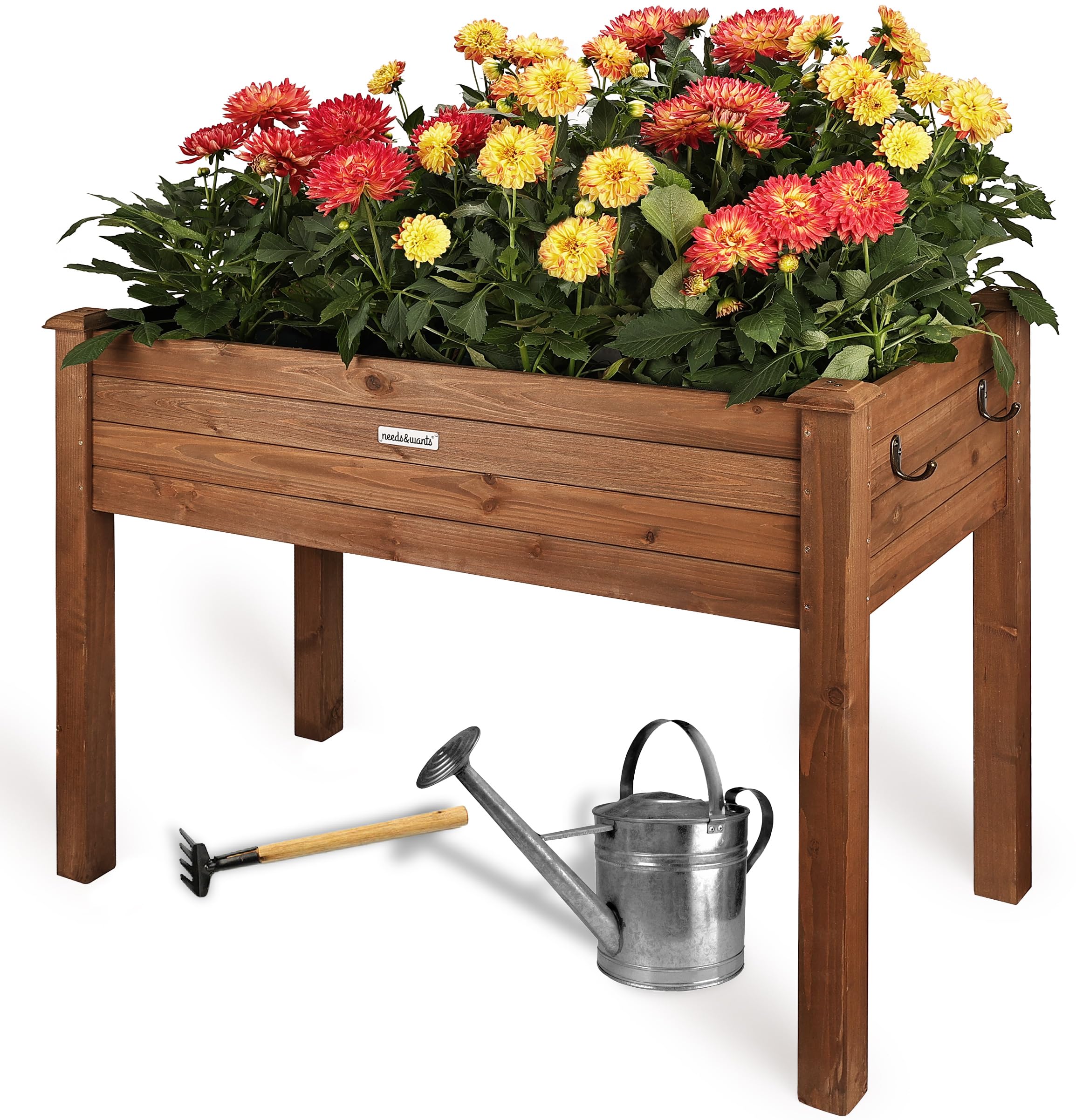 needs&wants® Huerto urbano, jardinera elevada de madera para jardín, balcón o terraza, kit de maceta rectangular estrecha con lámina de vellón, maceta decorativa para hierbas aromáticas, marrón oscuro