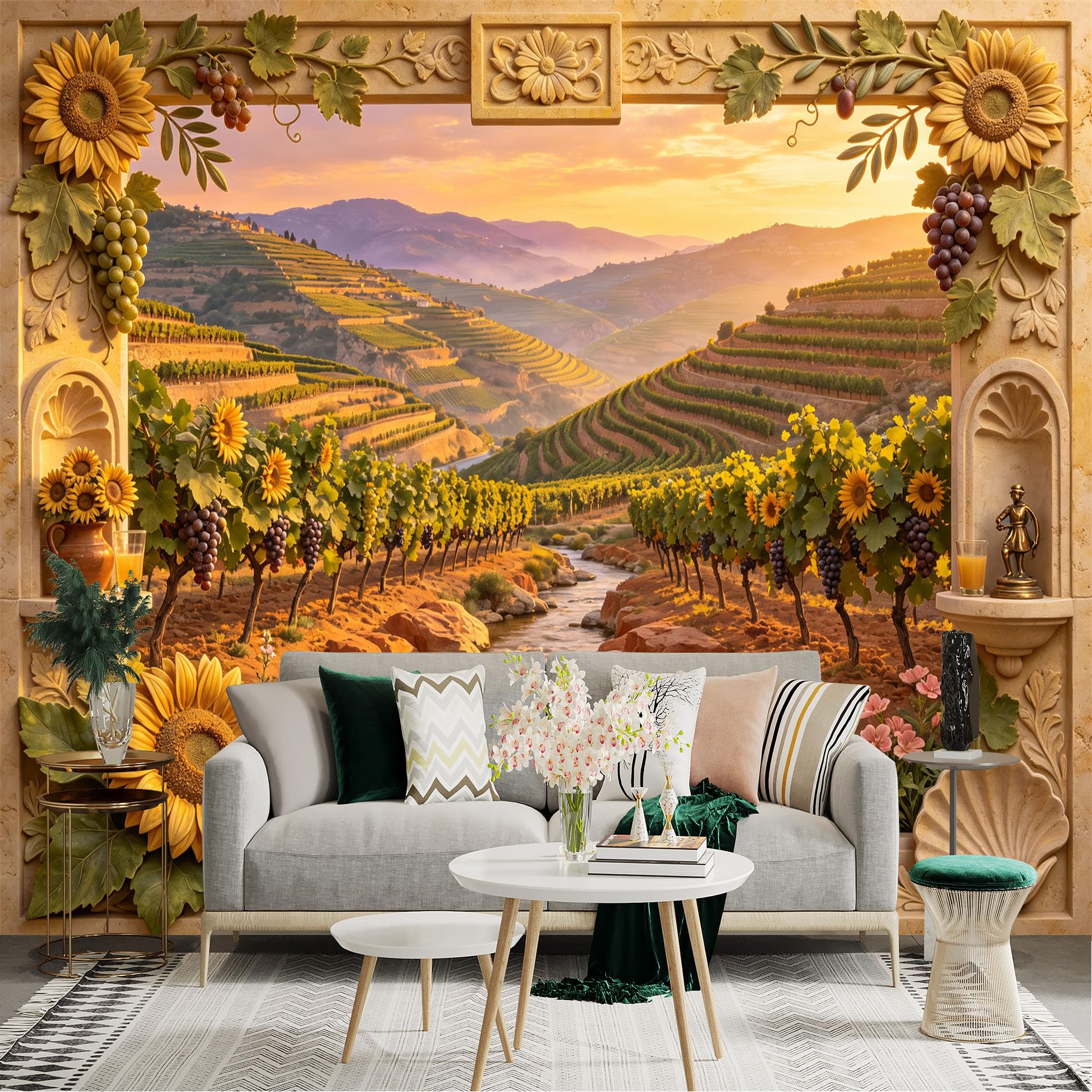 Lnzczhyre Bh260719144 Custom Size Wall Sticker Mural， Tuscan Vineyard Landscape With Sunflowers And Grapes， Sunset River View， For Wall Decoration， Peelandstick Wall Decals.