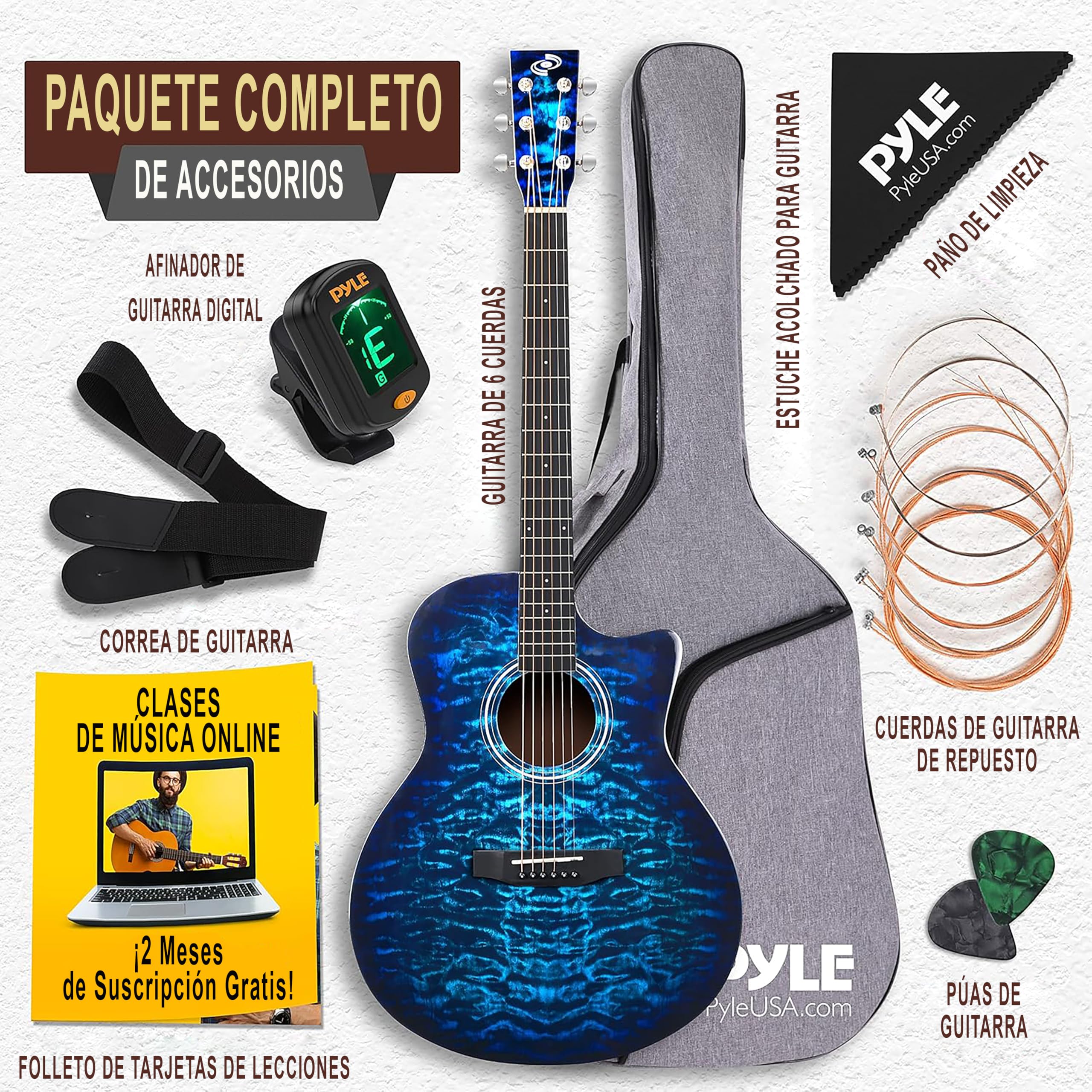 Pyle Kit de Guitarra Acústica para Principiantes - Diestro, 4/4, Azul burst