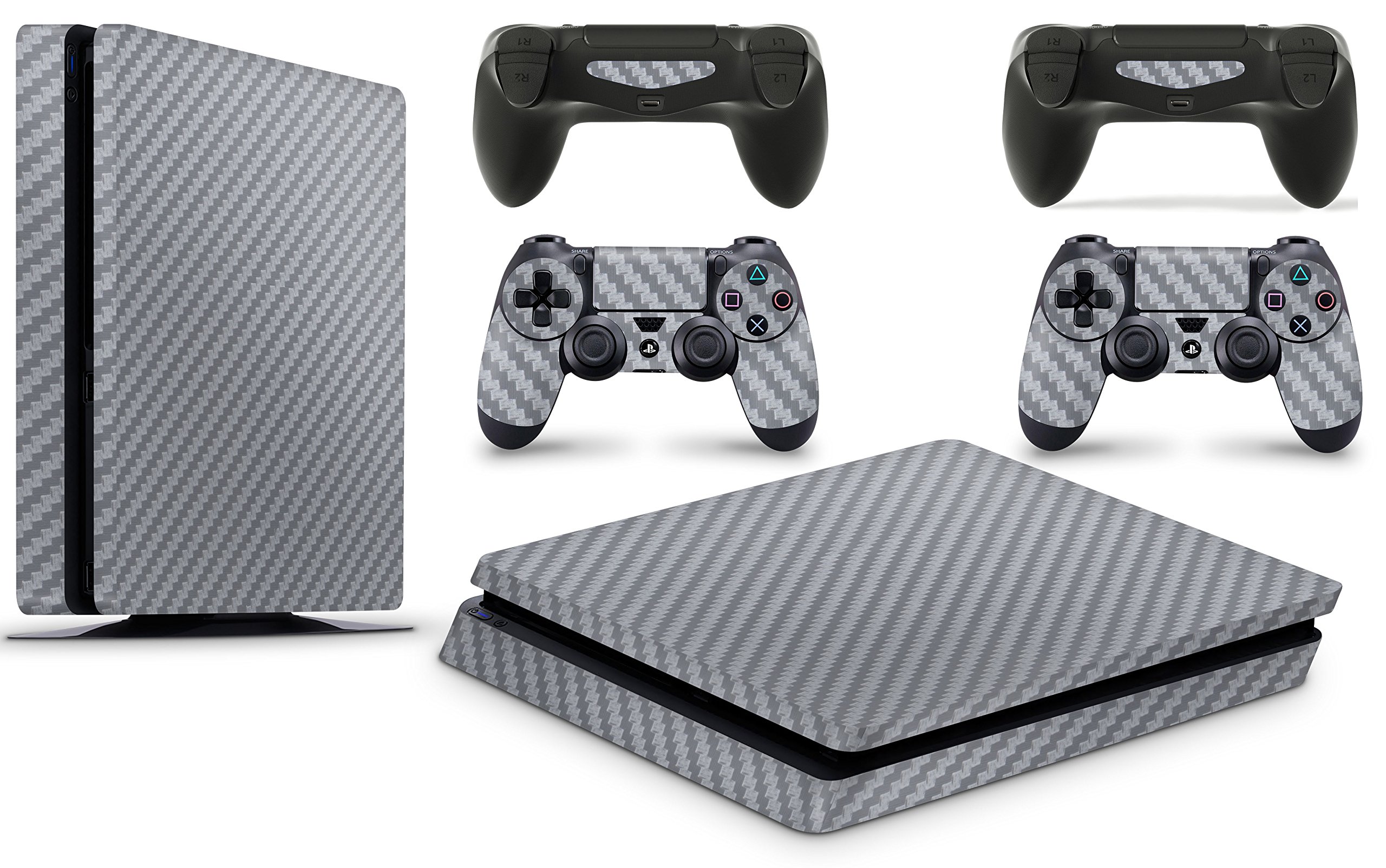 PS4 Slim Console Carbon Silver Colour Skin Decal Vinal Sticker + 2 Controller Skins Set