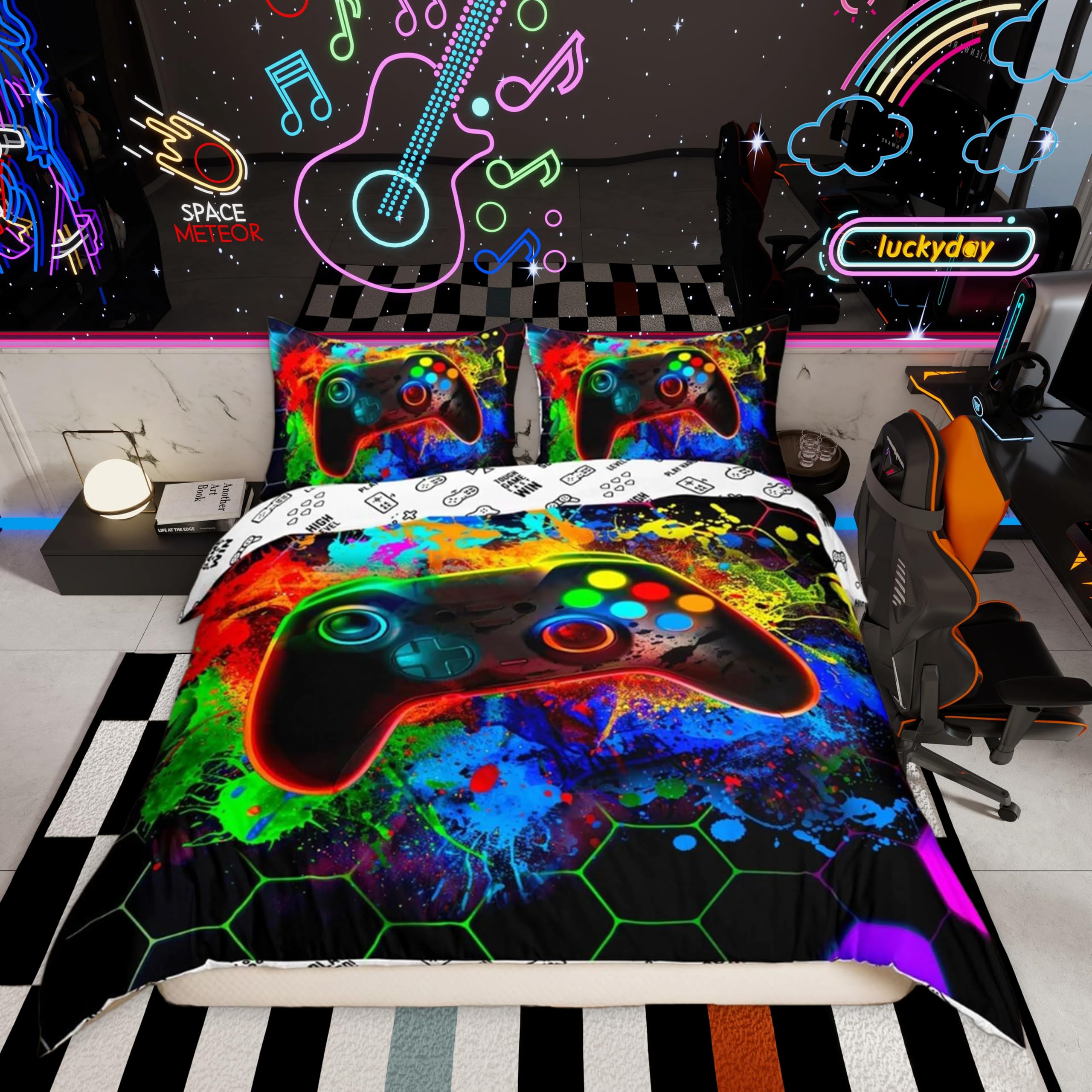 Homemissing Colorful Gaming Duvet Cover Set Single Size For Kids Boys Girls Teens Honeycomb Gaming Bedding Set Game Controller Duvet Cover with 1 Pillowcase Hexagon Gamer Bedding