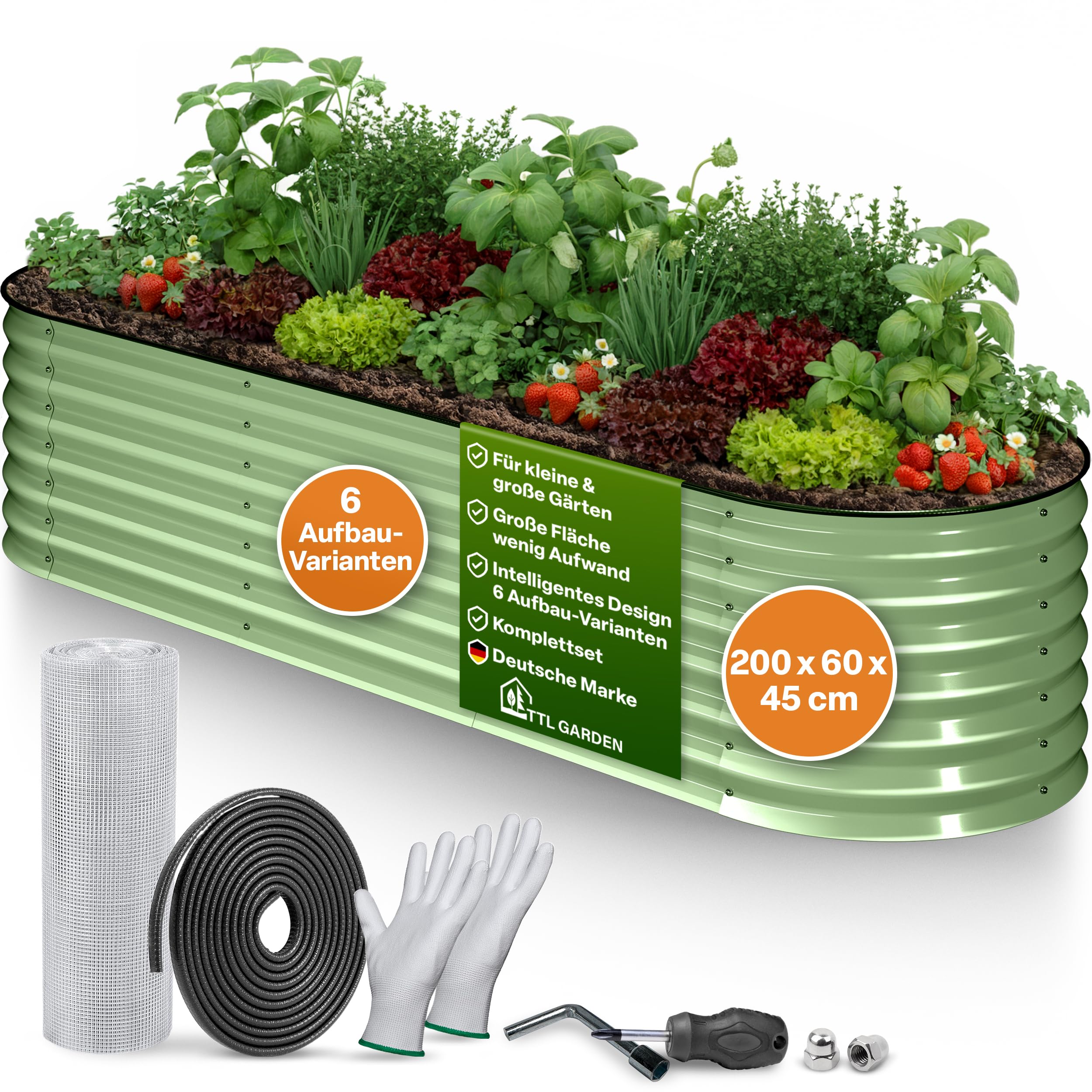 TTL GARDEN 200x60x45cm Metall Hochbeet Fusion 6-in-1 Salbei Grün - Stahl | - Rostfrei verzinkt & lackiert 45cm hoch 60cm breit Wellblech Form oval stabil Garten Beet Gemüse Kräuter Blumen Gartenbeet