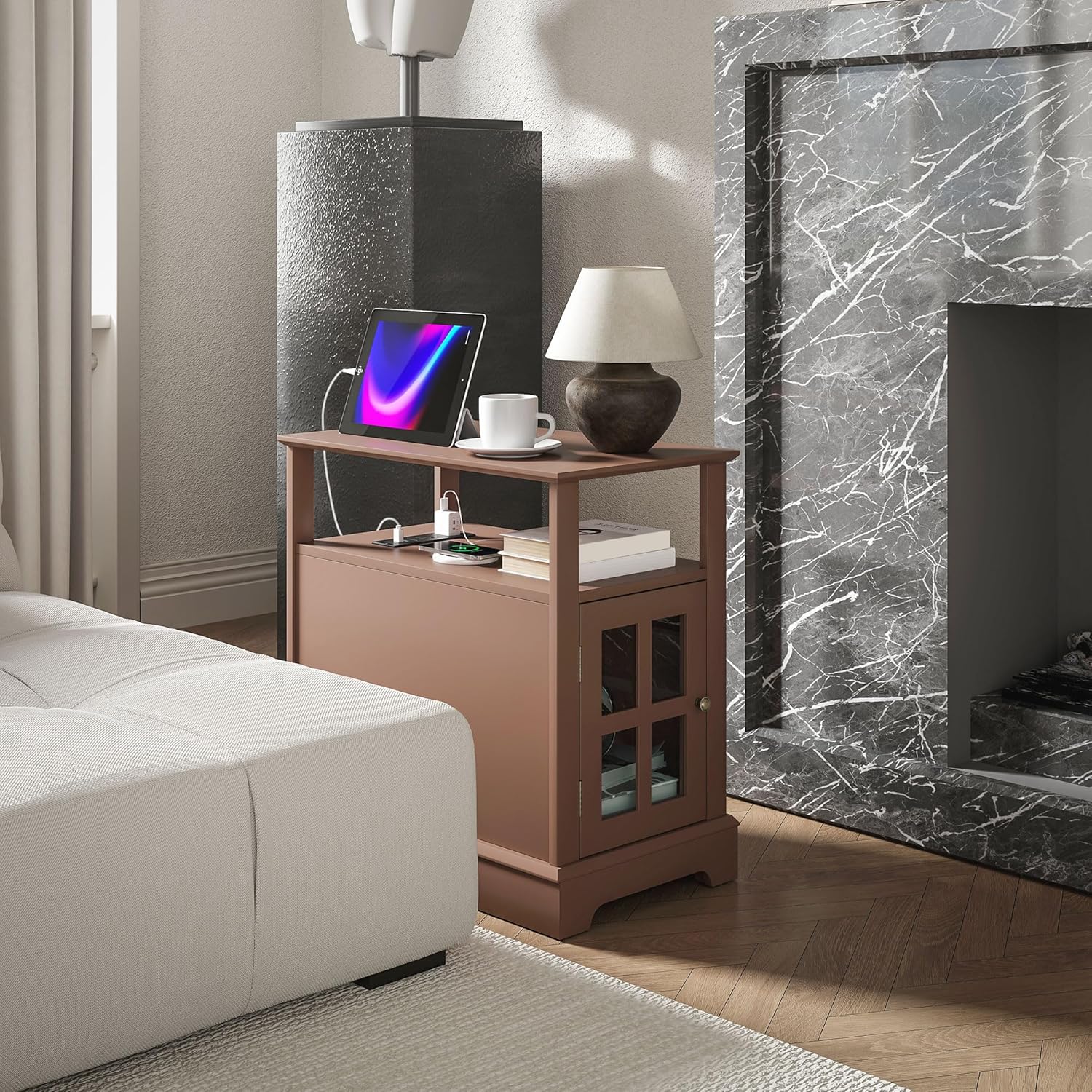 HOMCOM End Table with Charging Station, Narrow Side Table with USB Ports and Outlets, Small Table with Hidden Storage and Open Shelf for Living Room, Brown