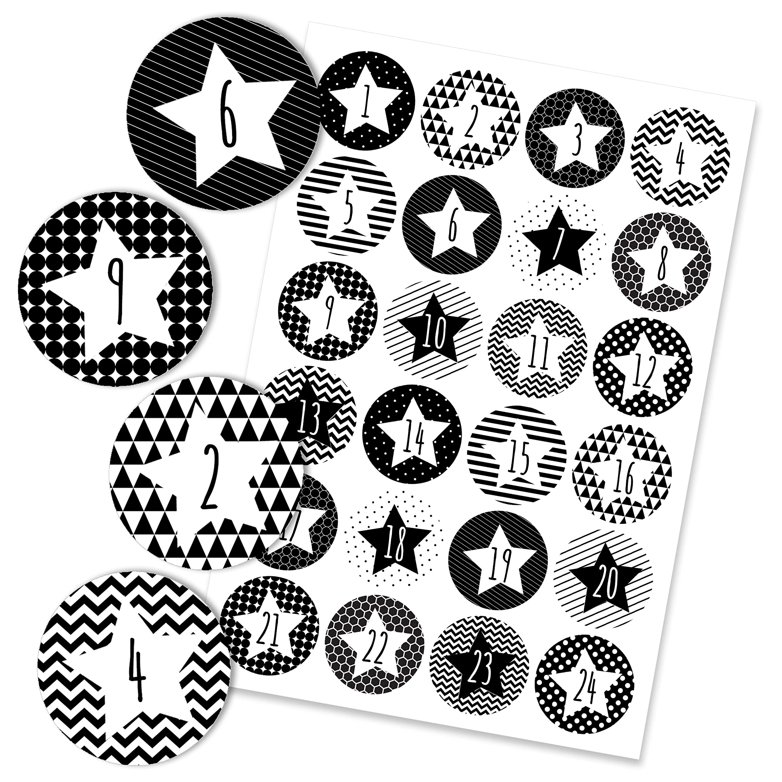 Papierdrachen Black White 24 Advent Calendar Number Stickers Black And White Geometric Stars No. 30 - Stickers - For You To Assemble And Decorate