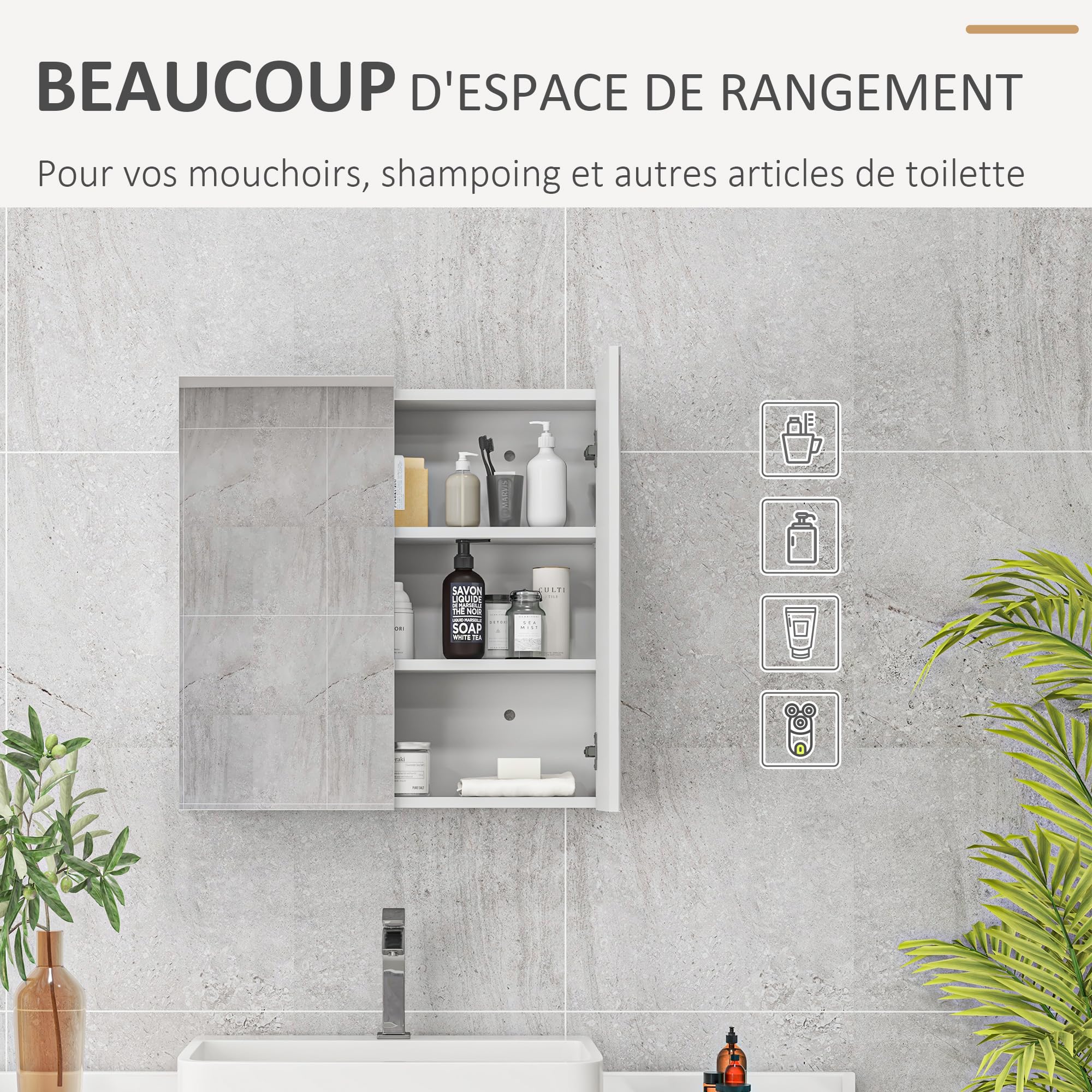 kleankin Armoire Murale de Salle de Bain, Placard de Rangement, 3 Niveaux, étagère réglable, 2 Portes et miroirs, Armoire Suspendue, 60 x 15 x 60 cm, Blanc
