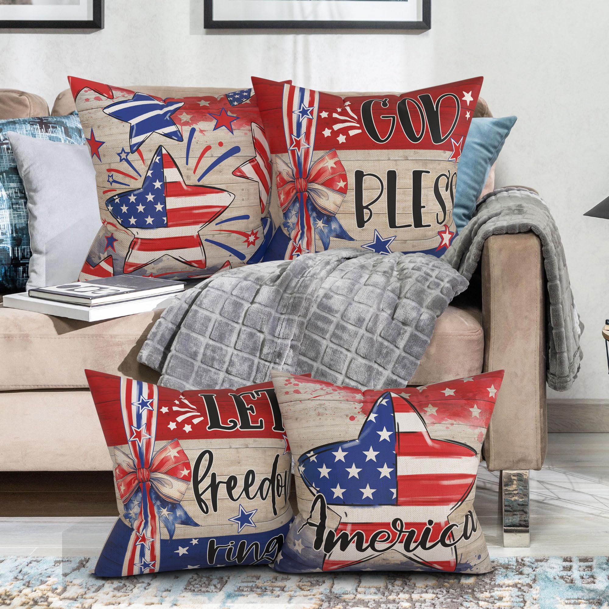 4th of July Pillow Covers 18x18 Set of 4 Patriotic Throw Pillow Covers with American Flag Stars and Stripes July 4th Decorations Independence Day Pillowcase Square Cushion Covers for Sofa Bed Couch 4