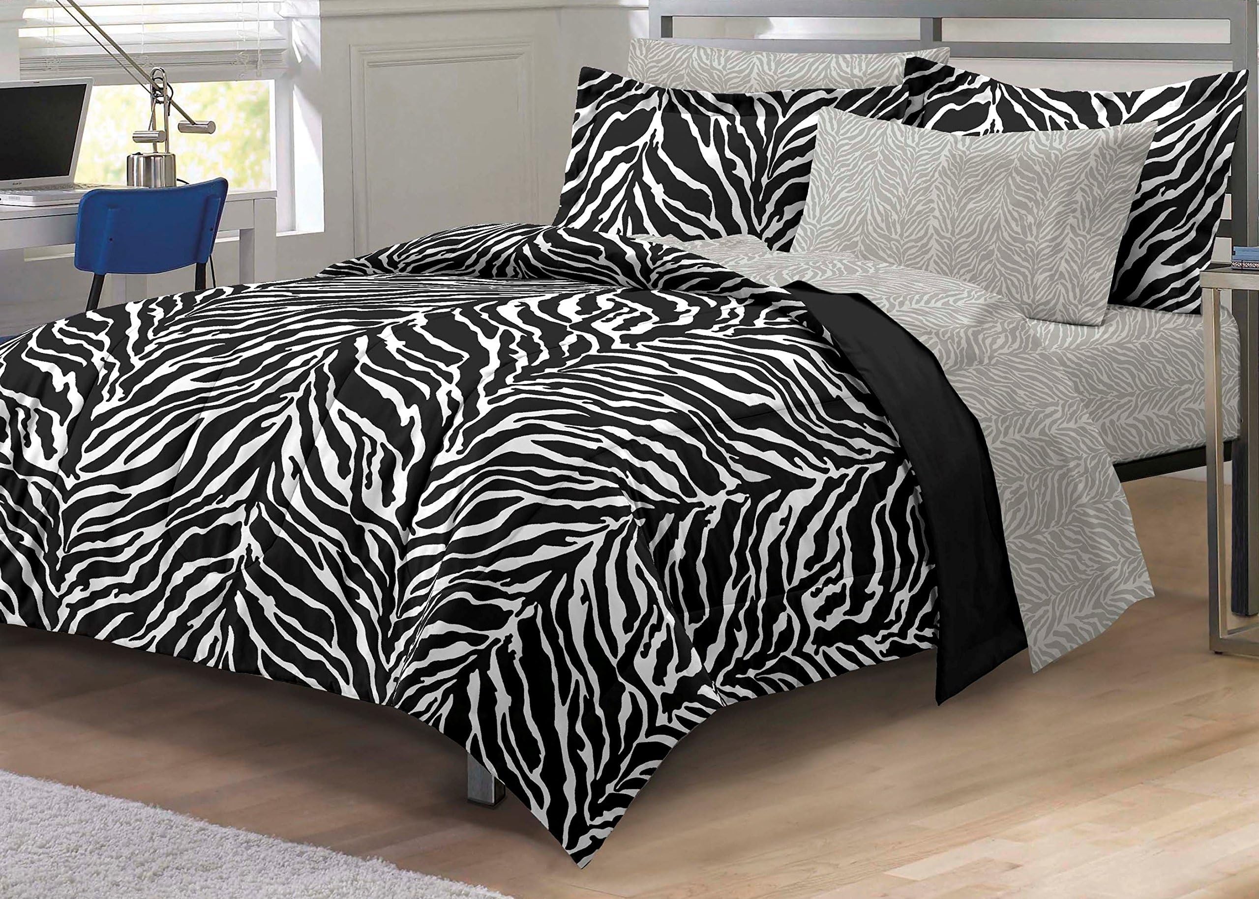 My Room Zebra Ultra Soft Microfiber Comforter Sheet Set,White/ Black, Twin/Twin X-Large