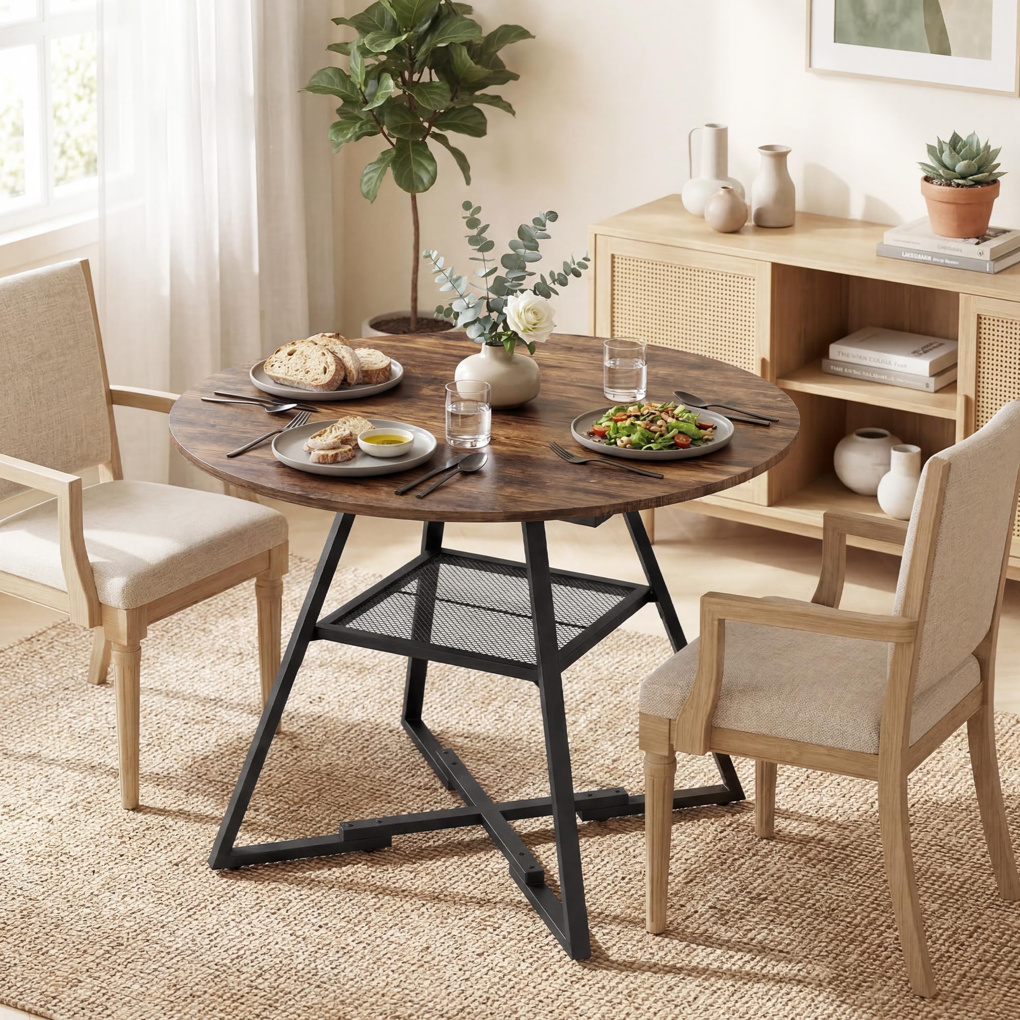 HOMCOM Table à Manger Ronde pour 4 Personnes avec Large Plateau et étagère de Rangement, Table de Cuisine Industrielle, Cadre en métal, Ø 100 x 76 cm, Brun Rustique