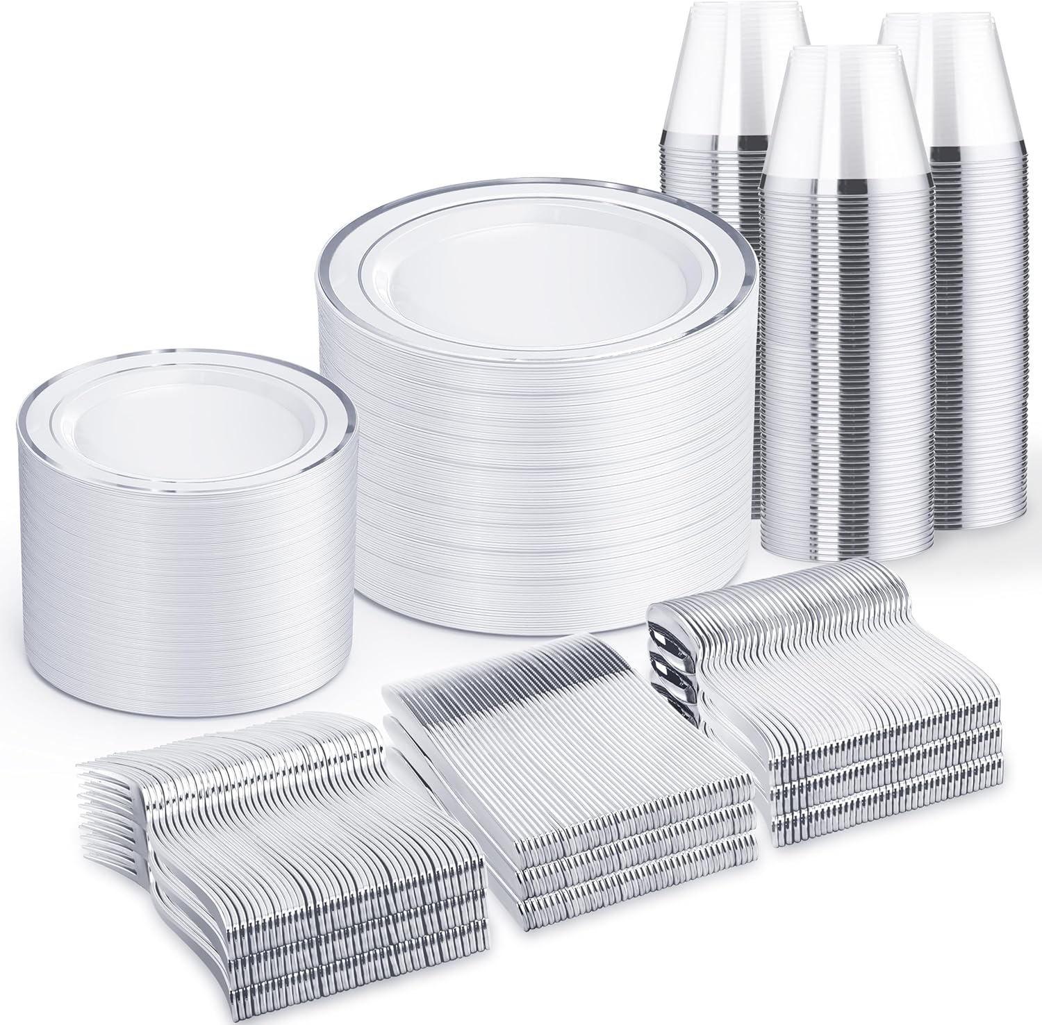 WELLIFE 600 PCS Silver Disposable Dinnerware Set for 100 Guests, Wedding Plates Silver Plastic Plates for Party, 100 Each-Dinner & Salad Plates, Cups, Forks Knives Spoons for Wedding and Anniversary 100 Guests Silver