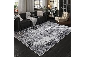 Grey and Black Abstract Patterned Washable Area Rug