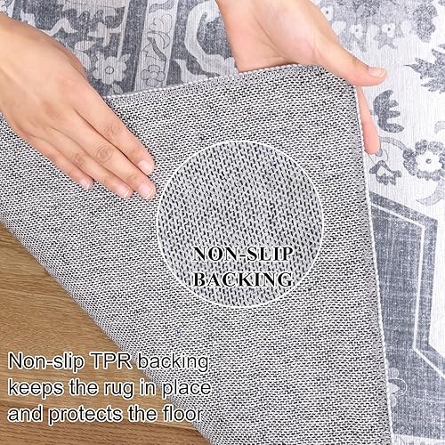 Miniatura 4 de Topotdor Alfombra lavable de 4 x 6 pies, grande, ultrafina, vintage, con parte trasera antideslizante, alfombra gris envejecida, alfombra plegable