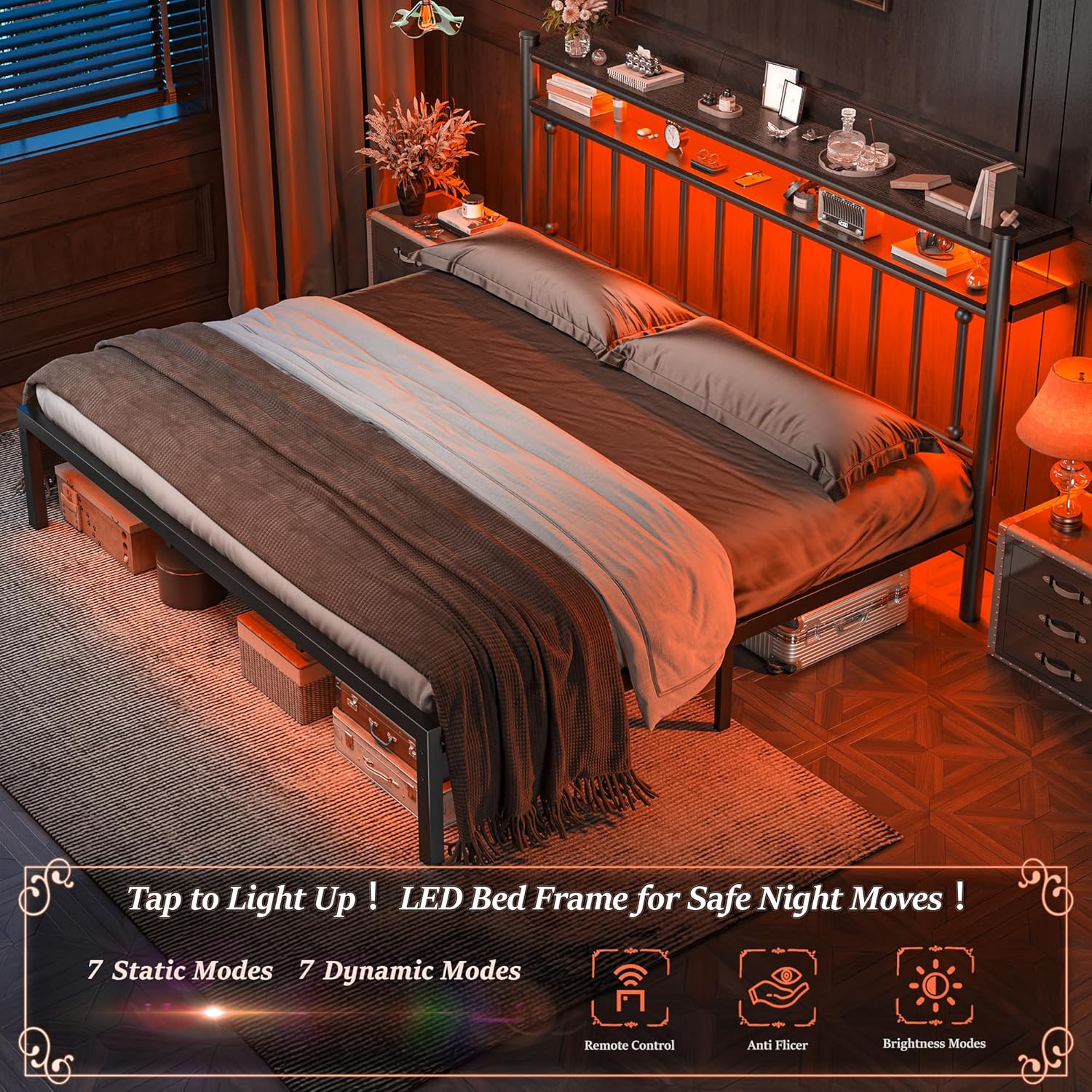 Homkdom Metal King Size Bed Frame and 2-Tier Storage Headboard, Bed Frame King Size with LED Light, Victorian Mattress Foundation Under Bed Storage/No Box Spring Needed/Noise-Free/Easy Assembly, Black