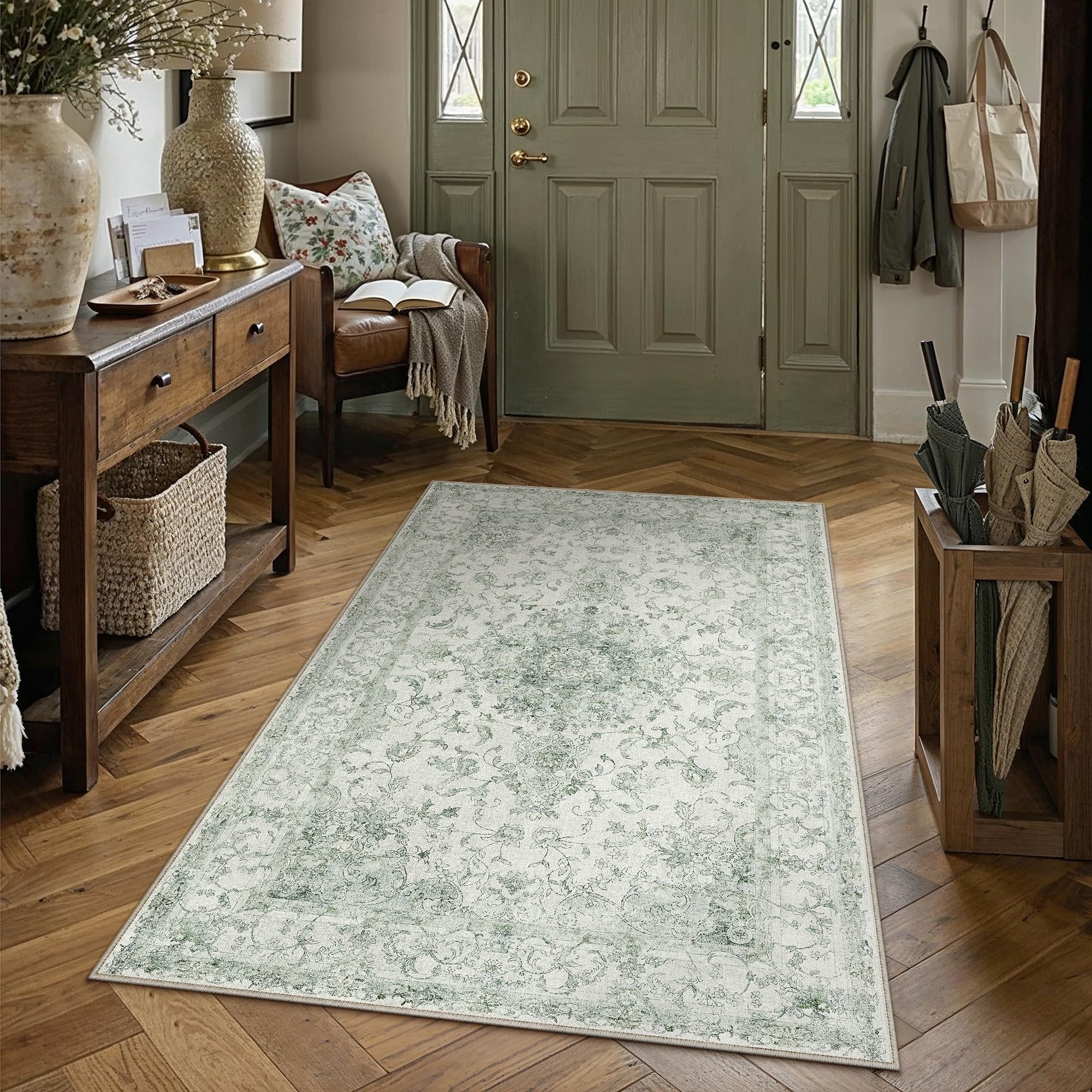 PureCozy Vintage Rug Living Room 140 x 200 cm Green Living Room Rug Washable Non-Slip Soft Short Pile Children's Room Bedroom Dining Room Rug Office Bed Rug