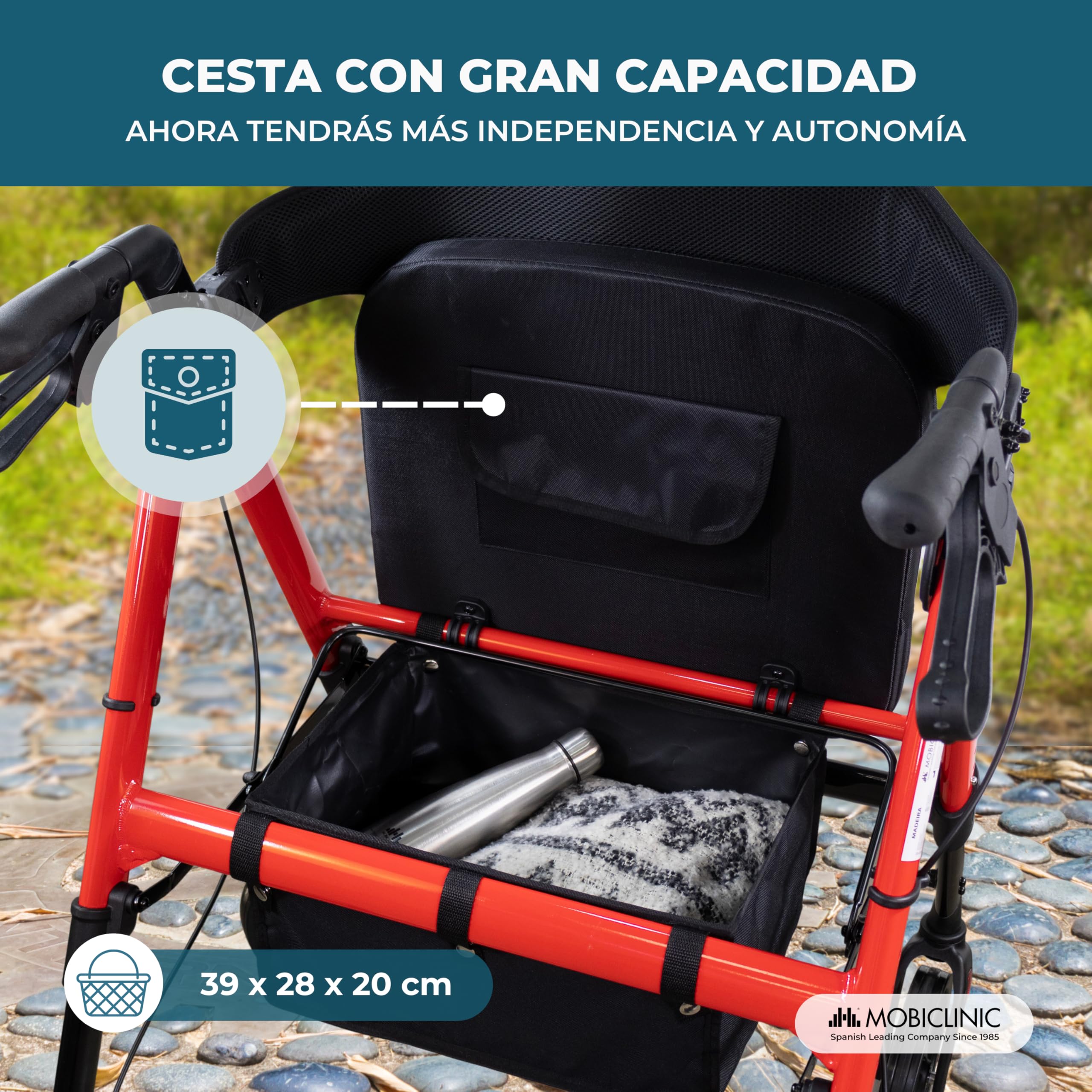 Mobiclinic®, Andador Bariátrico, Hasta 204 Kg, Plegable, Extra Ancho, Manillar y Asiento Regulable, Ruedas 360º, Respaldo, Cesta XL, Aluminio Reforzado, Madeira