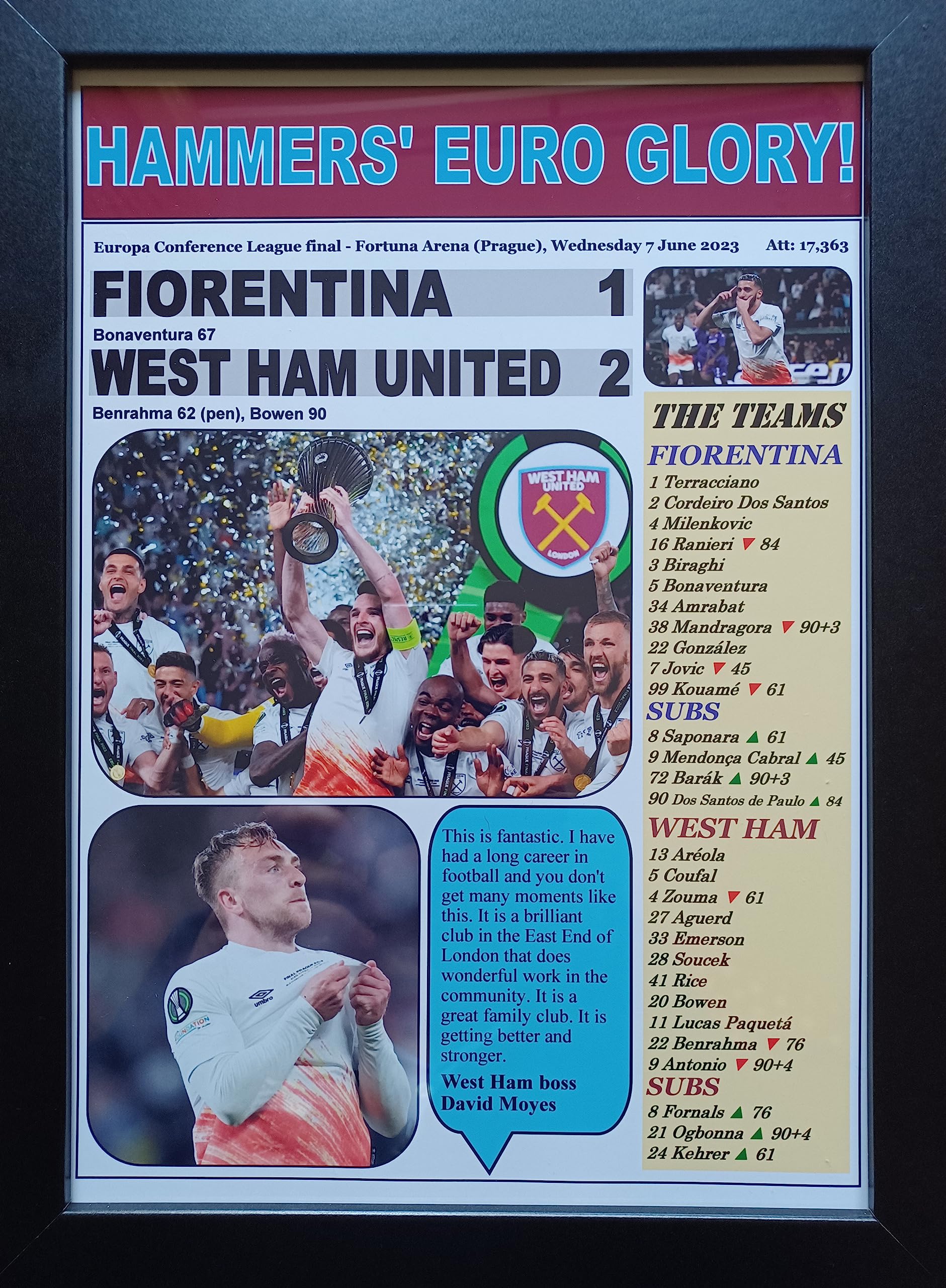 Multicoloured Fiorentina 1 West Ham 2-2023 Europa Conference League Final - Framed Print