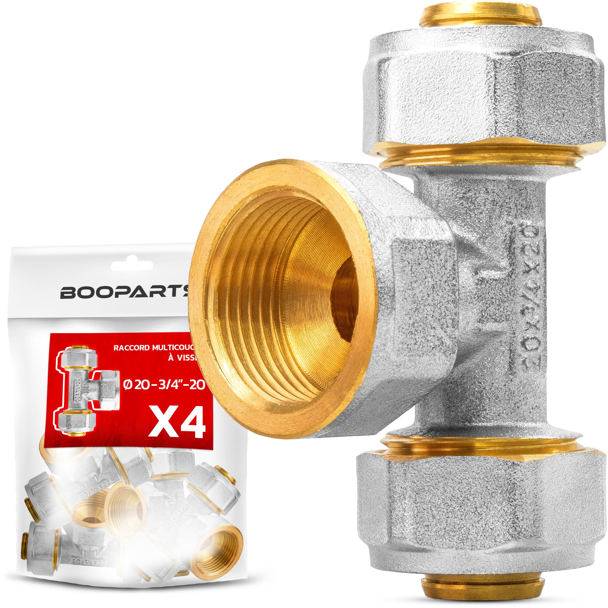 4 piezas – Pieza en T de 20 mm x 3/4 pulgadas IG x 20 mm | Tornillo de latón | Rosca interior en T | Para tuberías de múltiples capas | Fontanería y calefacción
