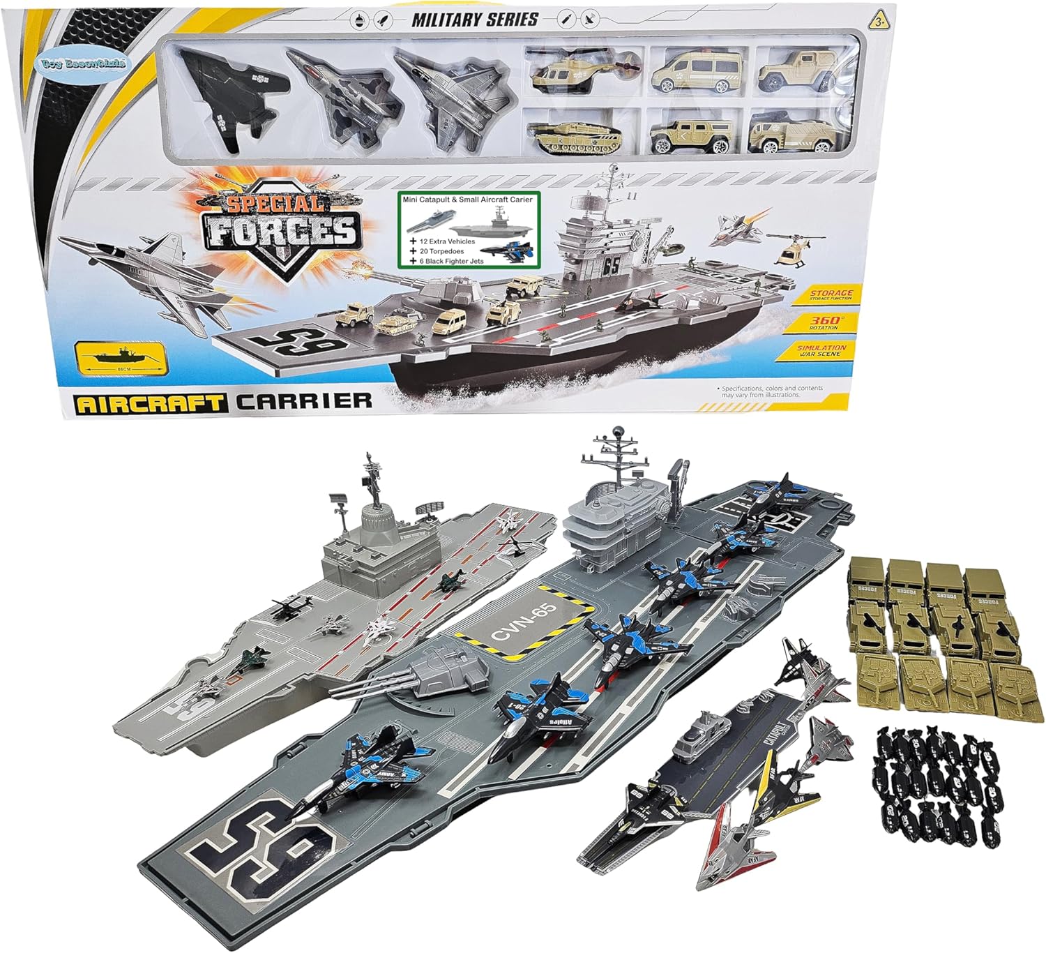 Ultimate Large Aircraft Carrier Battle Fleet, Mini Catapult Carrier Battle Set with Military Vehicles, Torpedoes, and Fighter Jets