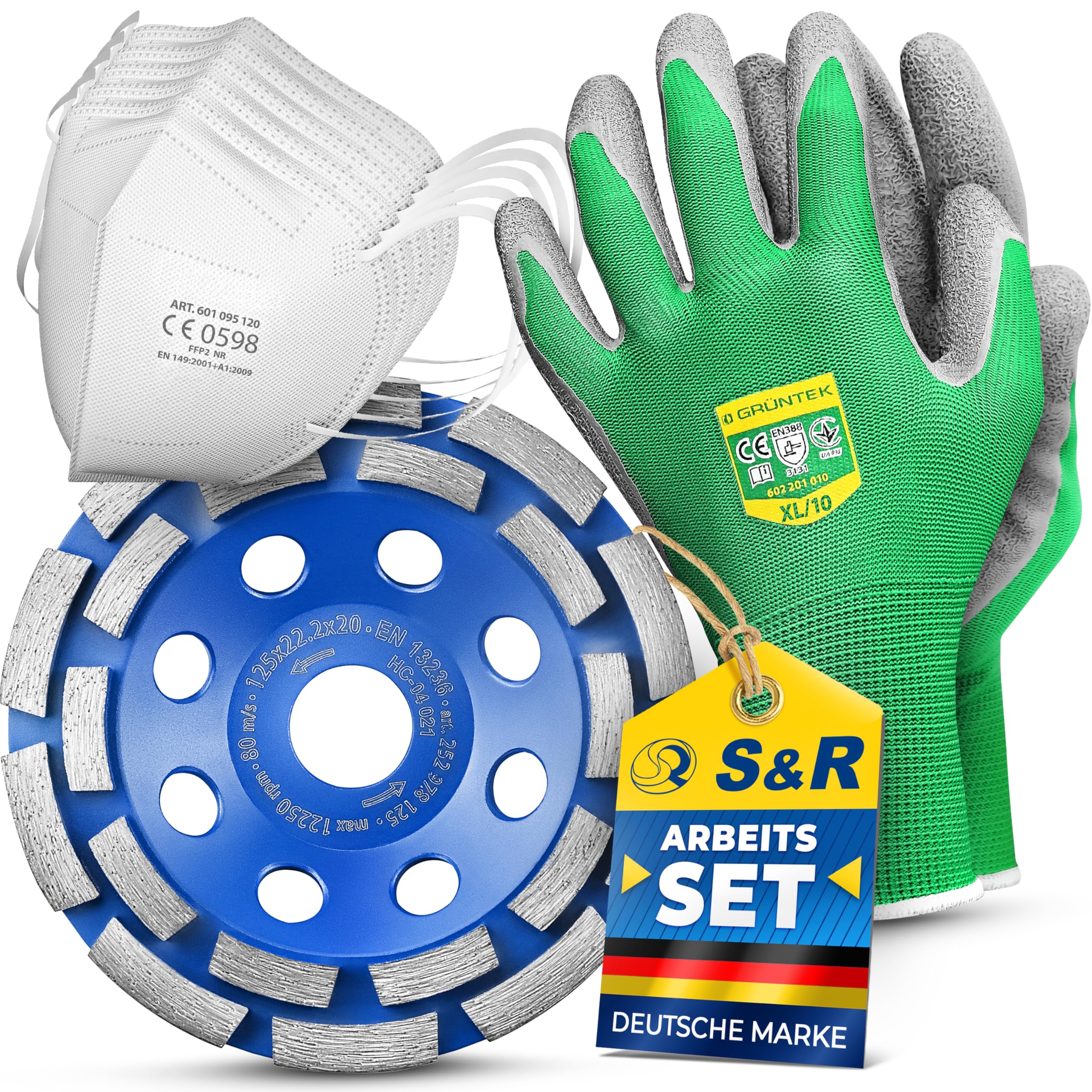 S&R Diamantschleiftopf Set 3-tlg, 1 Schleiftopf, 1 Paar Arbeitshandschuhe, 5 Staubschutzmasken, 125 x 22,23 mm für Beton, Granit, Naturstein, Stein, Mauerwerk, 2-reihig, für Winkelschleifer