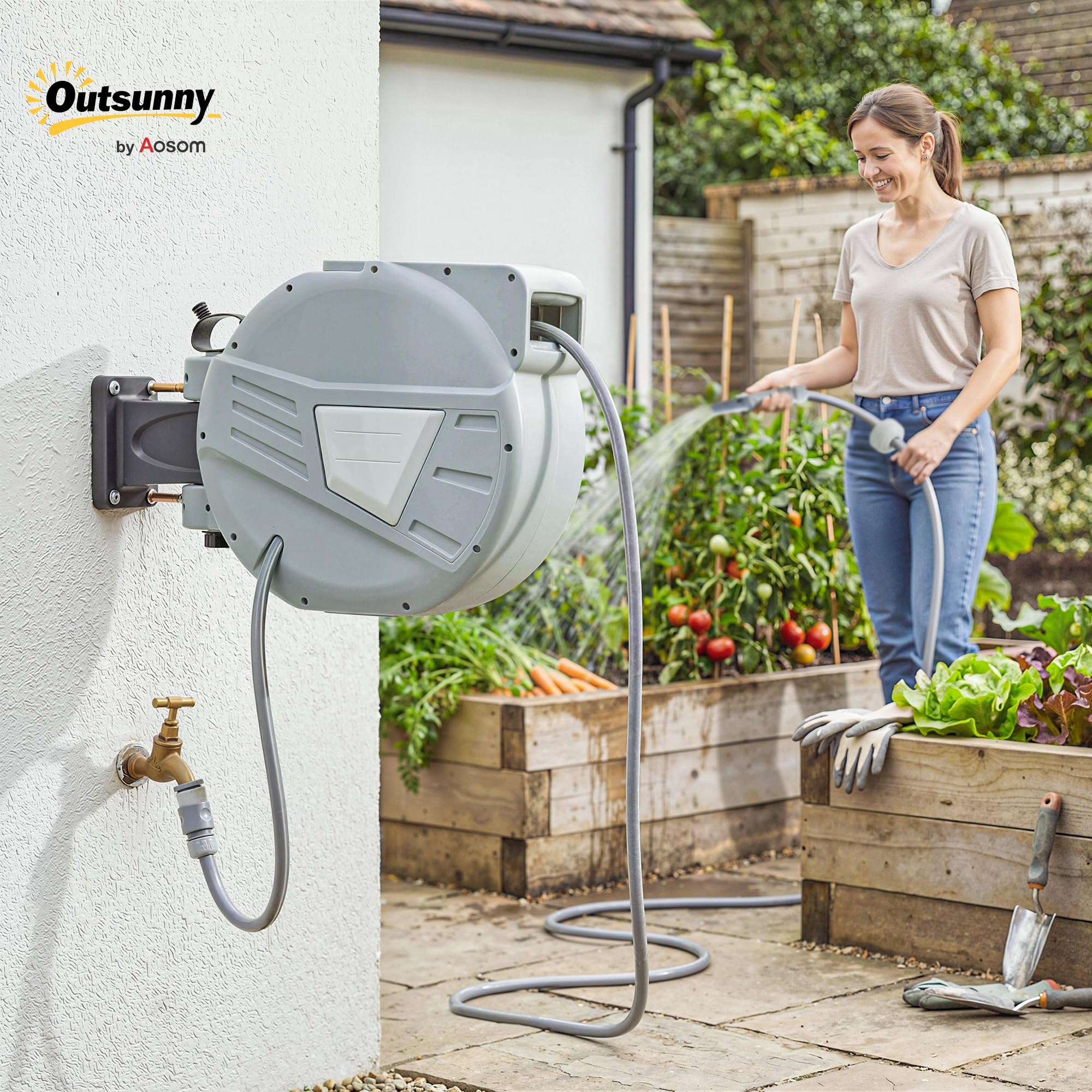 Outsunny carrete manguera retráctil jardín 1/2" x 66ft montaje pared