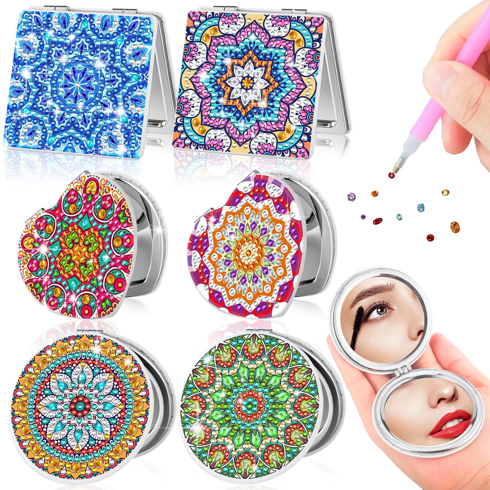 Thyle 6 piezas de pintura de diamantes compacto espejo de bolsillo con cubierta de pintura de diamantes, espejo portátil plegable con aumento de puntos de diamante kits de arte para mujeres y niñas,