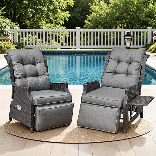 Outdoor Indoor Wicker Recliner with Adjustable Back and Footrest, Patio Reclining Chair with Flip-up Table, Outdoor Rattan Lounge Chair, Grey 2PCS