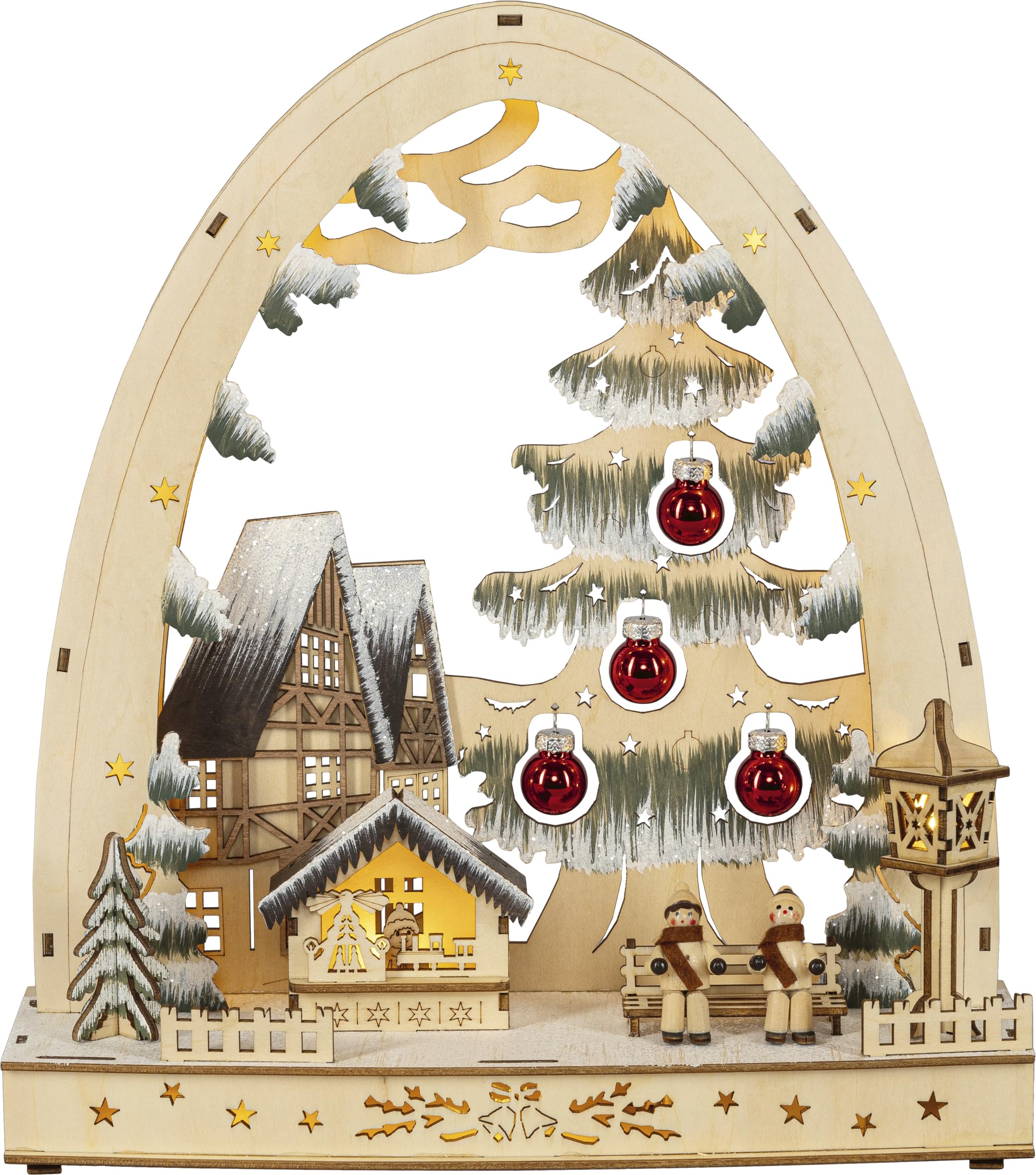 HGD LED-Lichterbogen mit 12 LED und 4 Glaskugeln für Batteriebetrieb und Timer - Größe: 30 x 9,5 x 33cm - aus Holz - Mehrfarbig