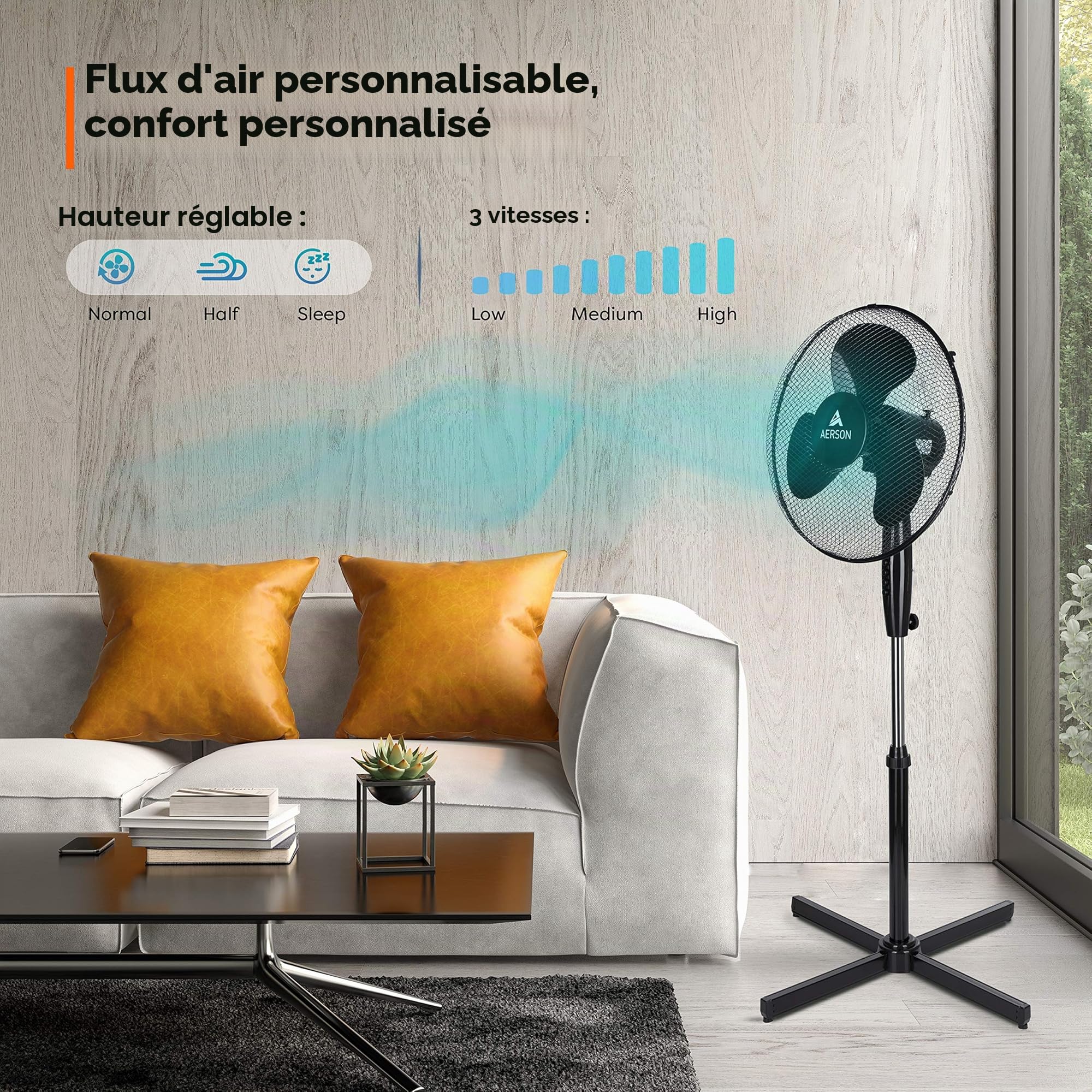 AERSON Ventilateur sur pied 40 cm | Ventilateur réglable en hauteur jusqu'à 120 cm | Débit d'air élevé et très silencieux | Éolienne avec 3 vitesses | Fonction d'oscillation env. 80°