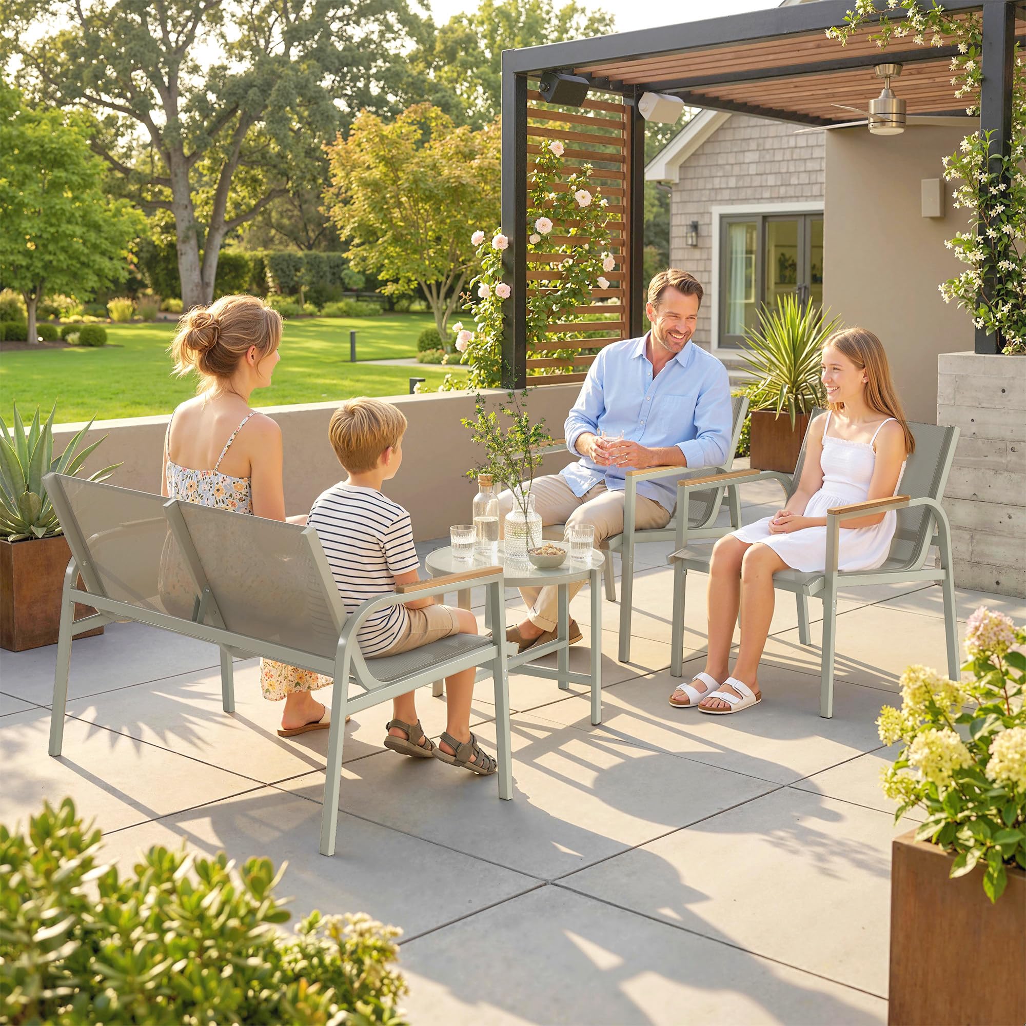 Outsunny Salon de Jardin 4 Pièces en Textilène, Ensemble de Terrasse avec Canapé 2 Places, 2 Fauteuils et Table Basse en Verre Trempé, Mobilier de Jardin pour Balcon ou Piscine, Vert