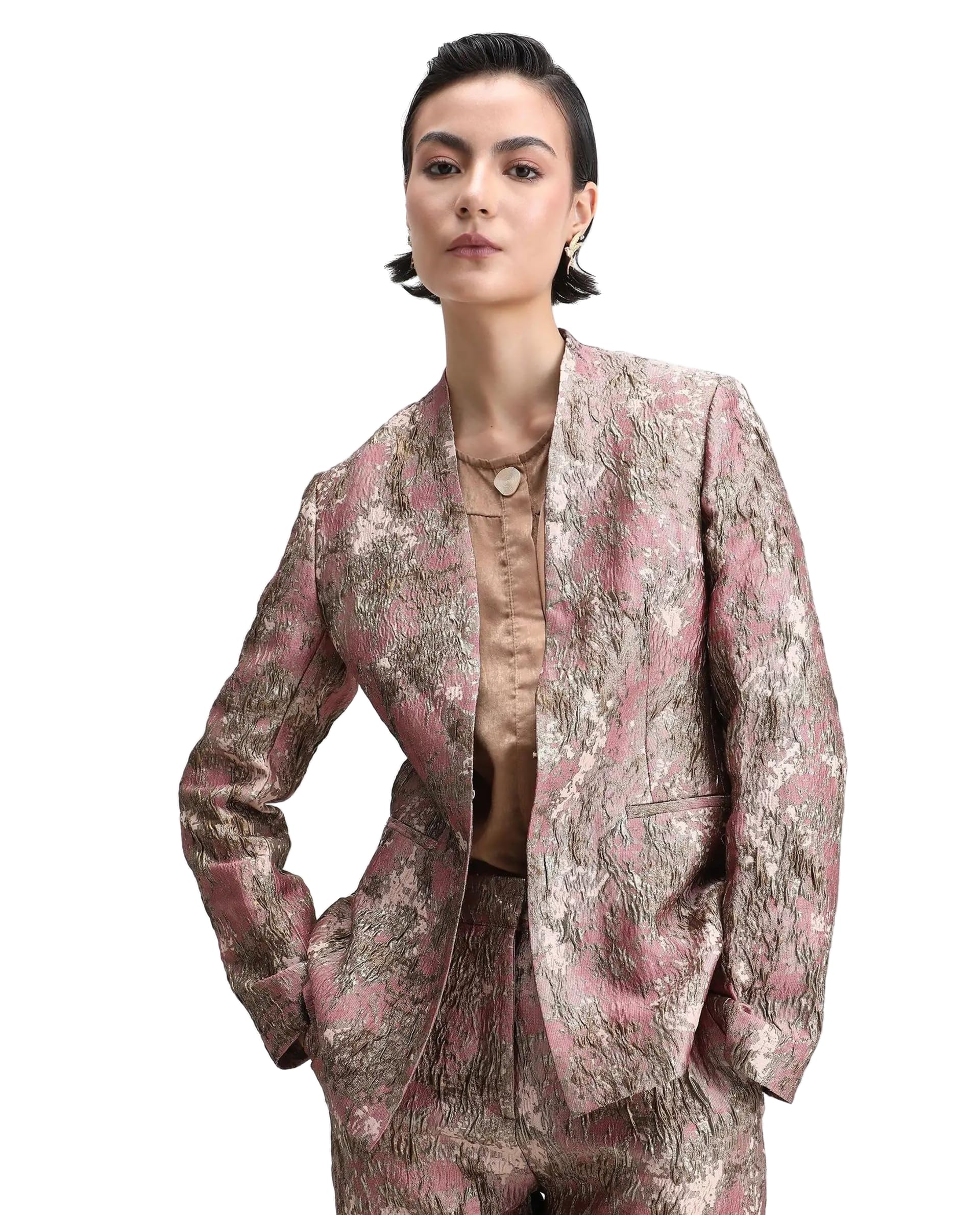 rareism Regular Fit Abstract Pink Polyester Blend Collarless Long Sleeve Blazer-picture-49