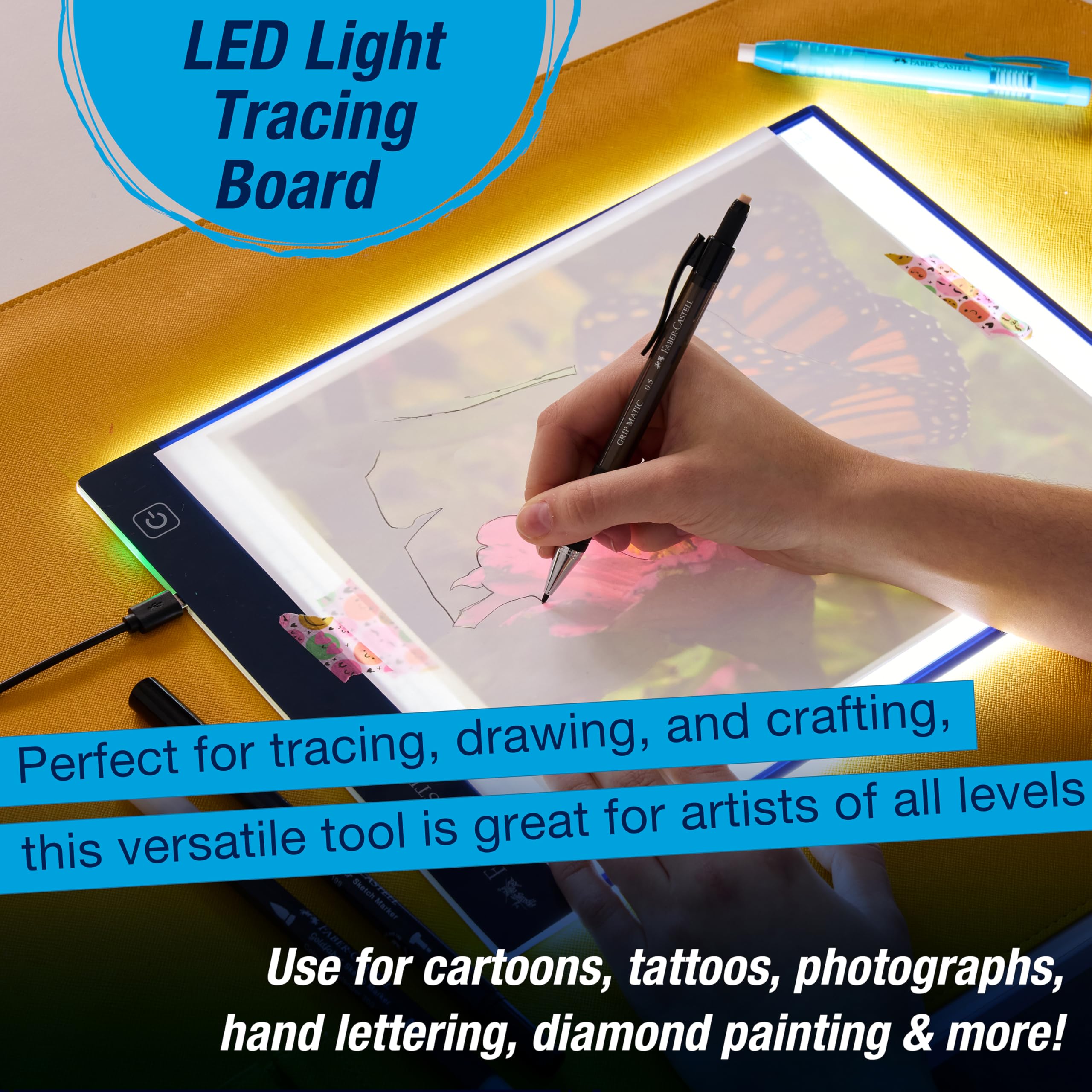 Faber-Castell Planche de traçage lumineuse LED : planche à dessin lumineuse réglable, bloc de dessin LED, boîte lumineuse de traçage, bloc lumineux et planche pour artistes, amateurs et adultes
