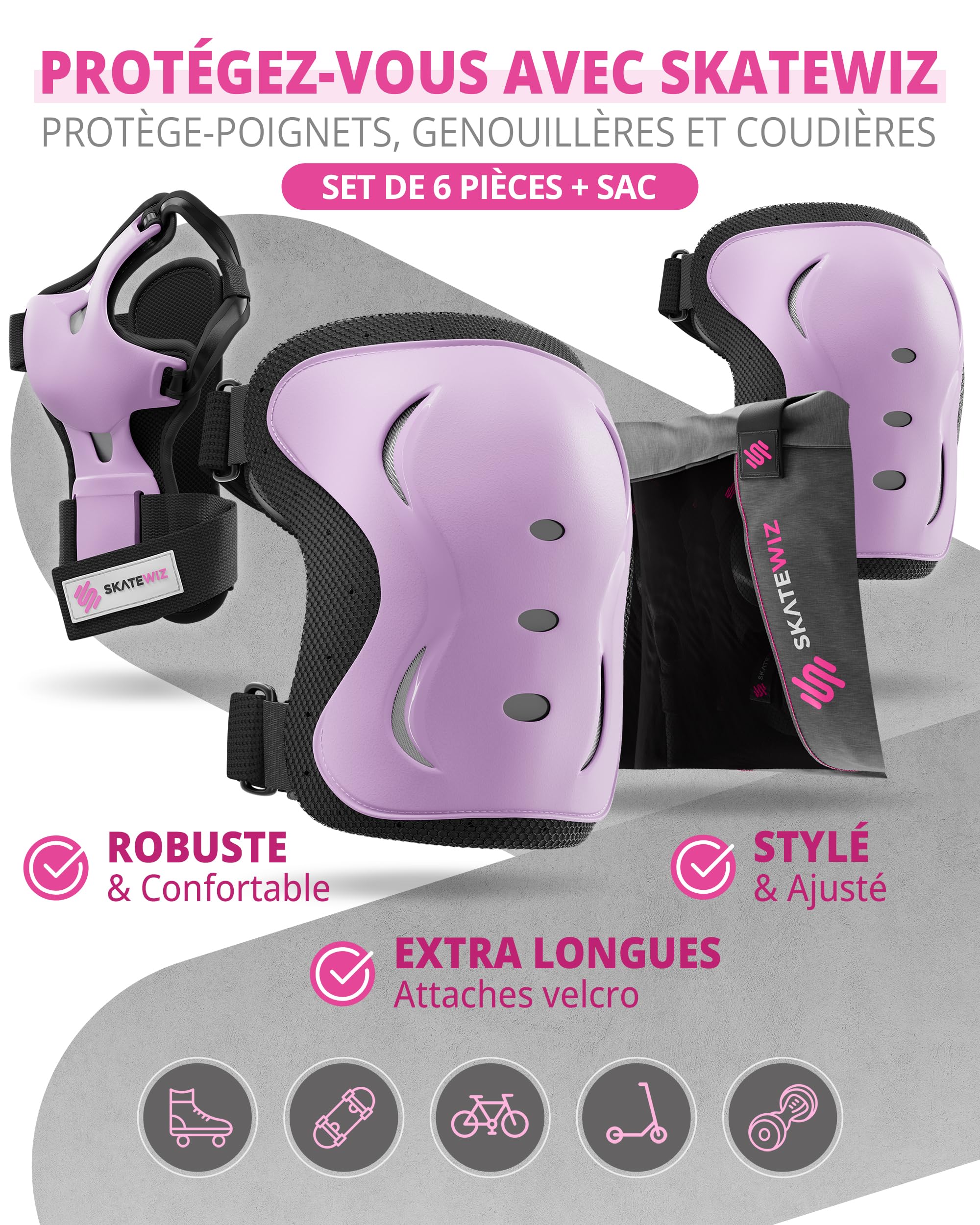 SKATEWIZ Kit de Protection Roller Enfant - Protection Skateboard Enfant, Adolescents et Adulte [6 pièces] avec Genouillères, Coudières et Protège-Poignets - 4