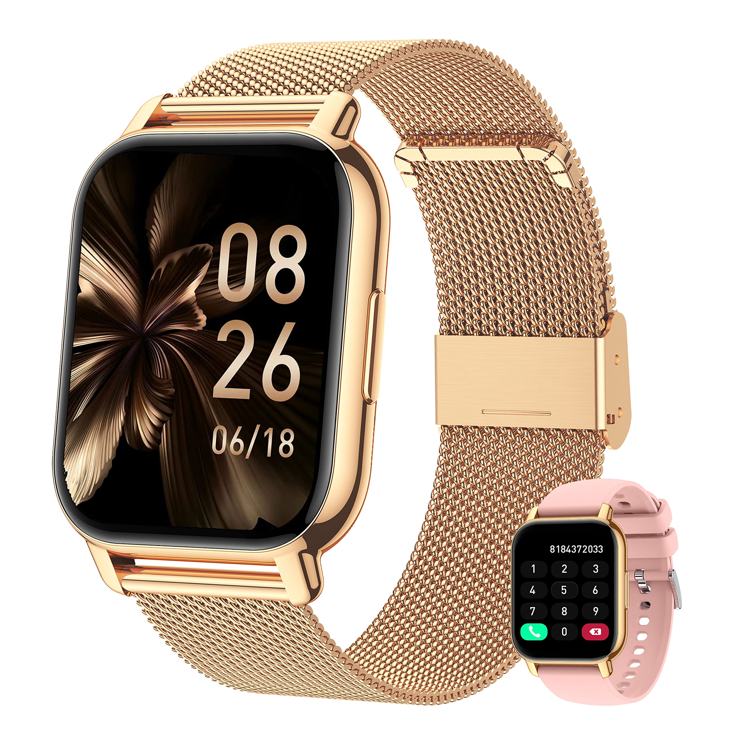 Popglory Smartwatch Uomo Donna, 2 Cinturini Orologio Chiamate e Whatsapp, Contapassi Assistente Vocale, Orologio Digitale 24H Cardiofrequenzimetro, Pressione Sanguigna SpO2 Sonno, per Android iOS