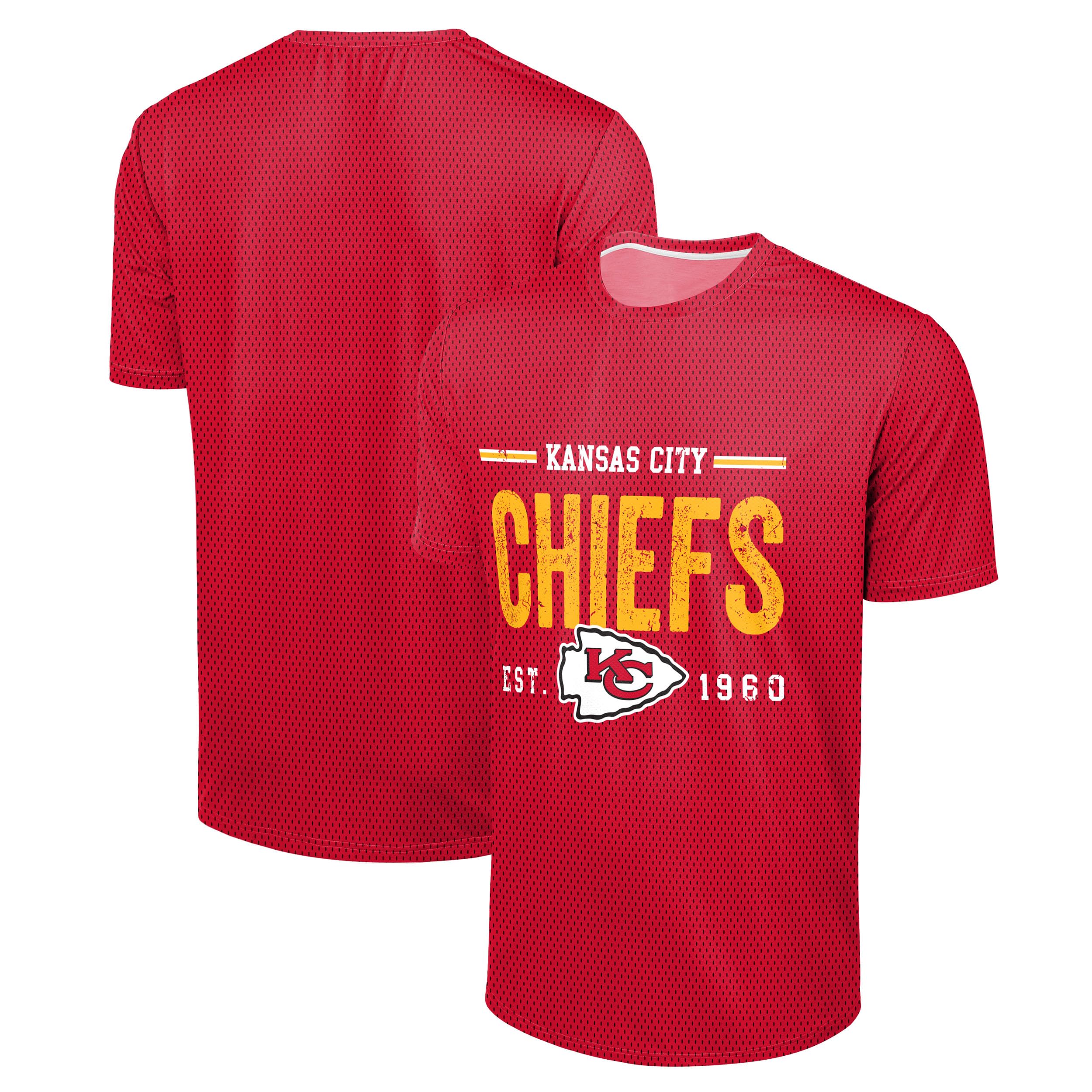 FOCO NFL Men's Officially Licensed Football Team Logo Wordmark Distressed Performance Team Color Crewneck T-Shirt, Kansas City Chiefs - Red, XL