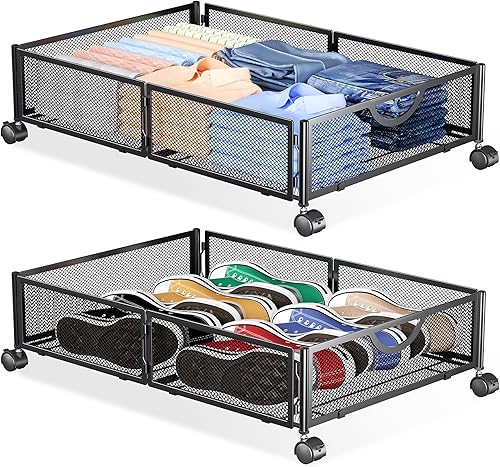Yecaye Almacenamiento debajo de la cama con ruedas, paquete de 2 cajones organizadores de almacenamiento de zapatos debajo de la cama, sin