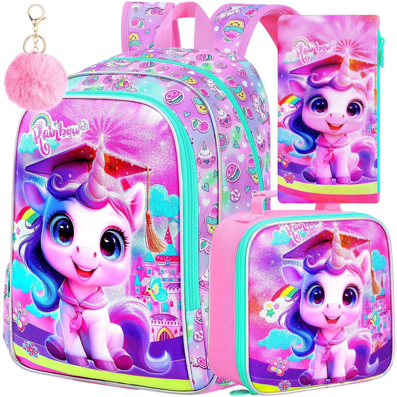 AGSDON 3PCS Backpacks for Girls, 16" Elementary Kids Backpack Preschool School Bookbags and Lunch Box