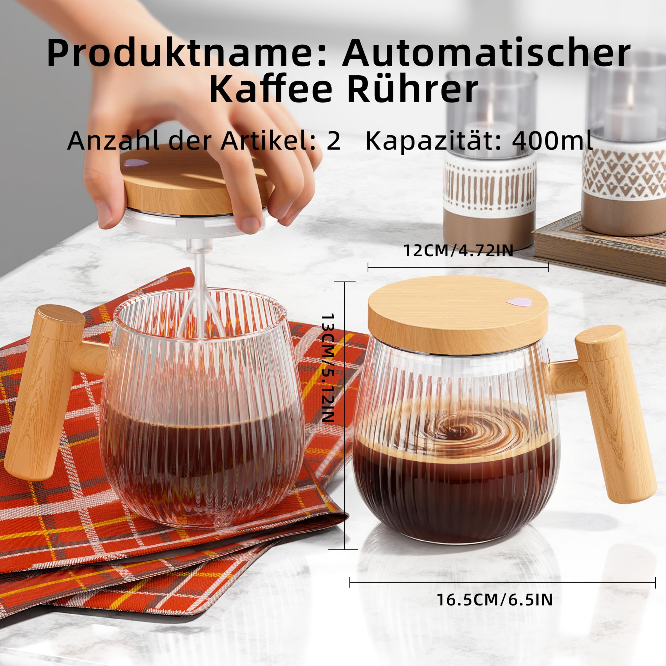 Set di 2 pezzi di Tazza auto-commovente, tazza da miscelare da 400 ml, ad alta velocità adatta per caffè / latte / polvere di proteine, di in vetro a protezione termica con coperchio (Trasparente S)