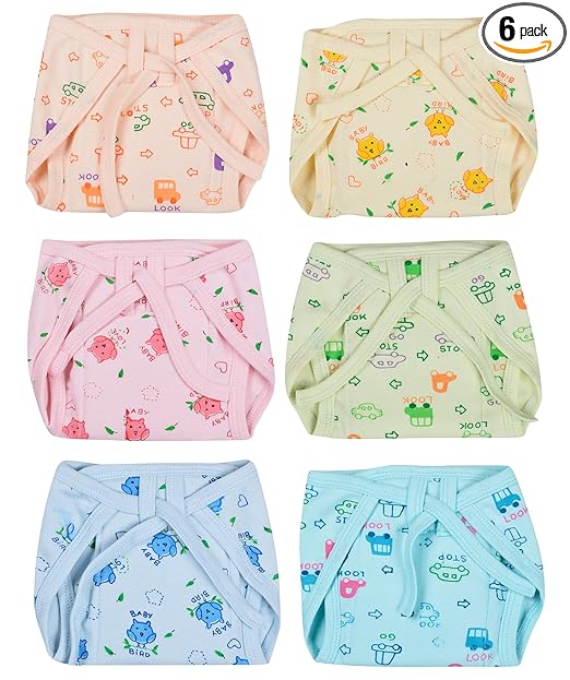 Kuchipoo Cotton Padded Assorted Coloured Nappies for Baby Boys and Baby Girls - Pack of 6 (KUC-RNAP-102, Multicolor, 3-6 Months)