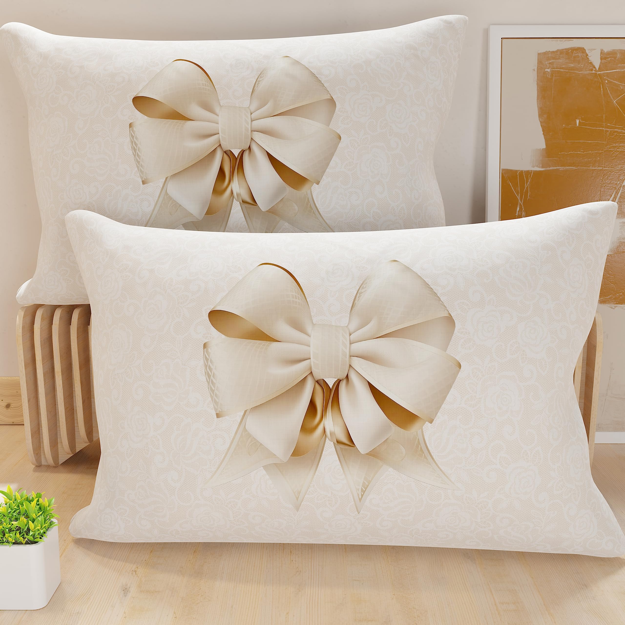 PETTI Artigiani Italiani - Bed Pillowcases, Pair of Pillowcases 52 x 82 cm, Hypoallergenic Microfibre, Beige Bow