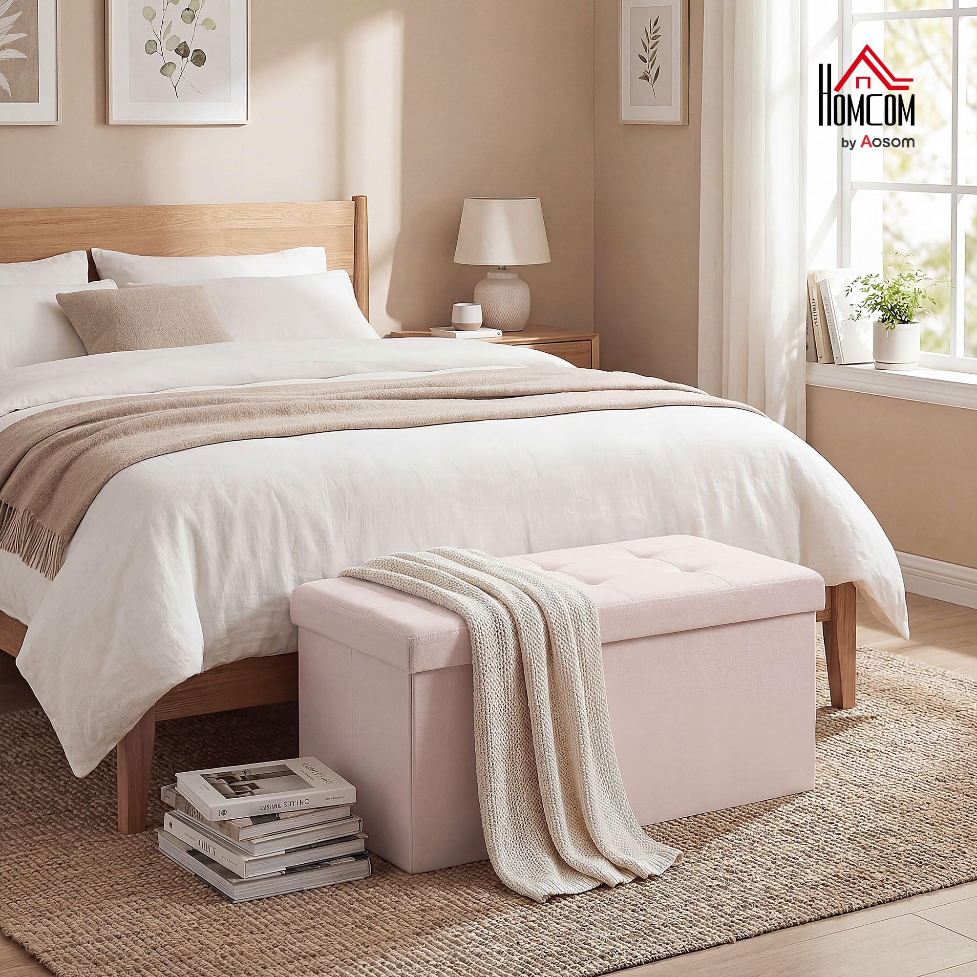 HOMCOM Puff Almacenaje, Banco Almacenaje Plegable, 84 L, 76x38x38 cm, Tapizado en Lino Sintético, Baúl de Almacenamiento, Carga 120 kg, Taburete para Sala de Estar, Dormitorio, Entrada, Rosa