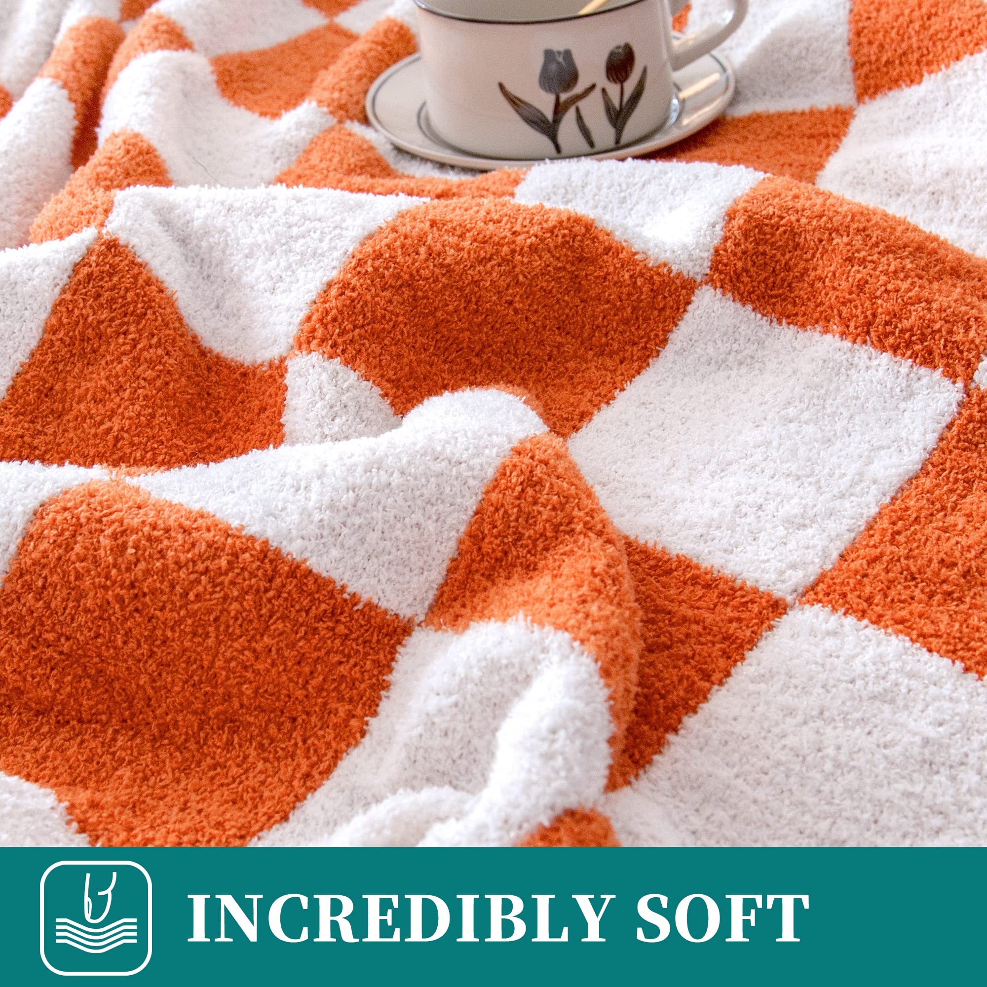 SeaRoomy Manta a cuadros, manta de punto de microfibra suave y esponjosa para sofá cama, cálida y acogedora manta de punto de tablero de ajedrez reversible, decoración de habitación (naranja quemado | Cálida, acogedora, esponjosa, ligera, regalo para muje