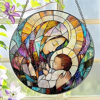 Baby Jesus and The Holy Mother Mary Sun Catcher, 8 Inch Stained Glass Window Hanging, Stained Glass Decor, Christian Home Decor, Christian Gifts for Women, Religious Gifts for Women