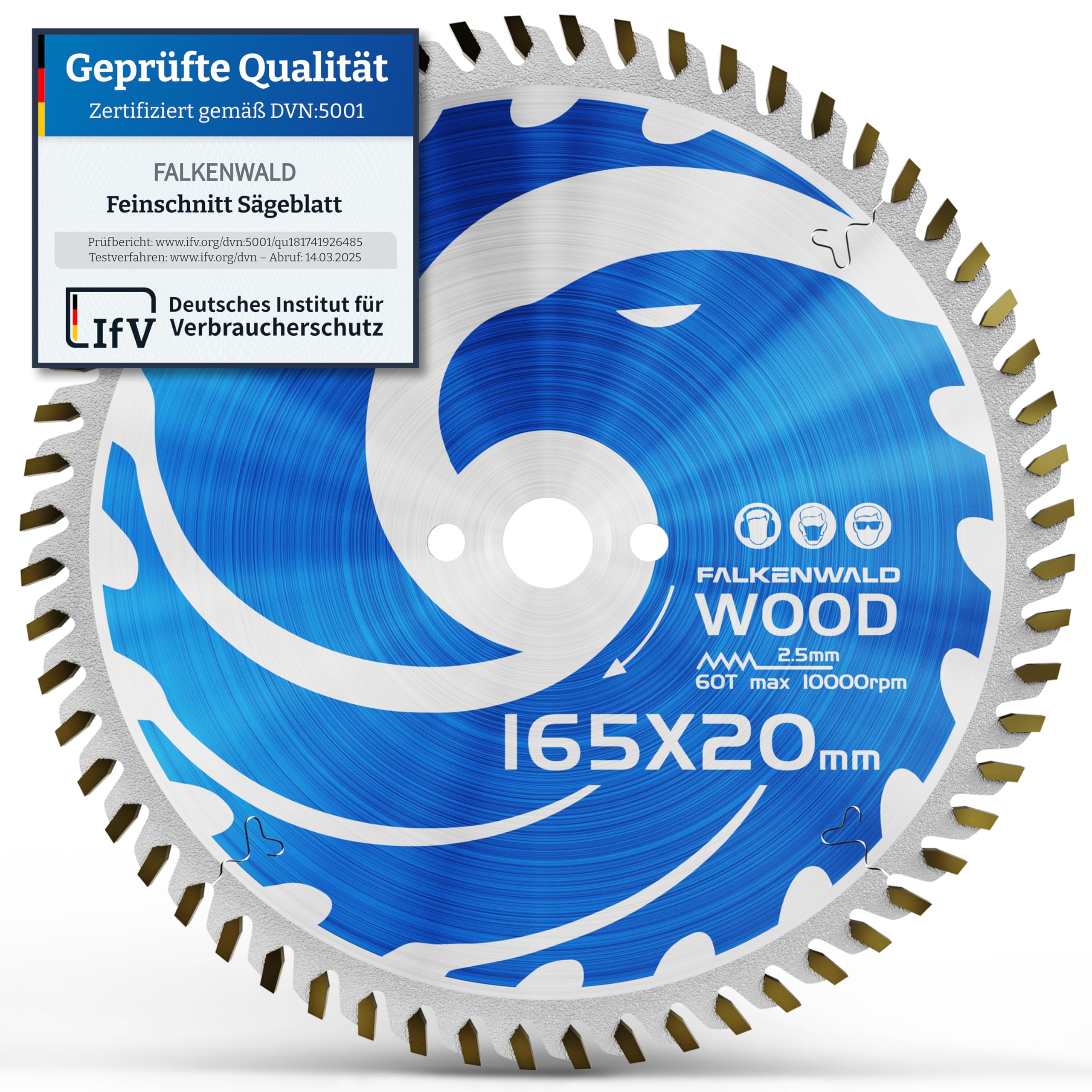 FALKENWALD® Kreissägeblatt 165x20 mm mit 60 Hartmetallzähnen - Ideal für Holz (Wood) - Kompatibel mit Makita Sägeblatt 165 DHS680RTJ, Makita SP 6000K1, Bosch GKT 55 GCE